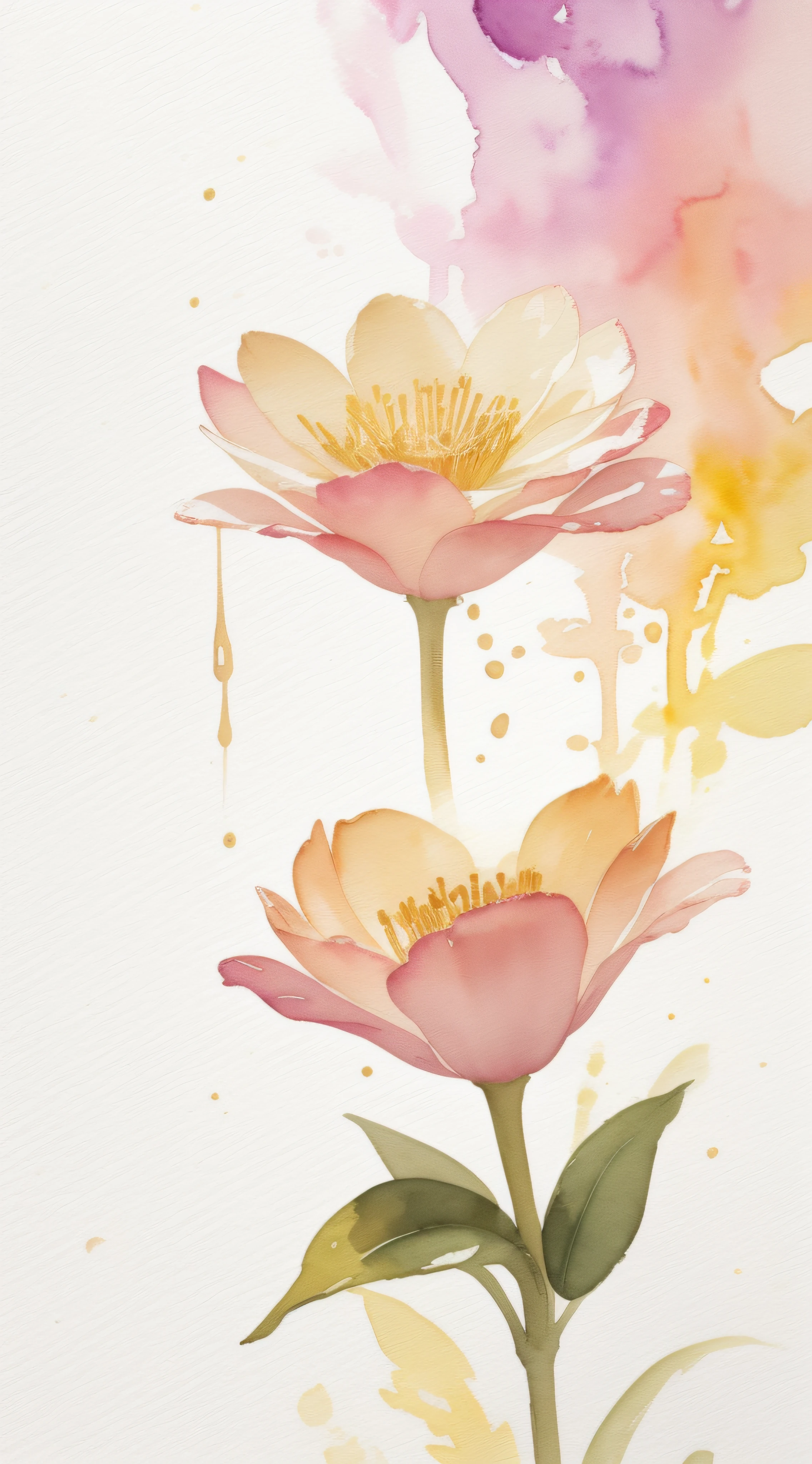 Watercolor flower painting isolated on white background、watercolor paiting、Splash technique to reproduce wet conditions、Blurry atmosphere、Unique composition、Abstract representation、Contains elements of surrealism、Pale tones、Pink and gold color scheme、high resolution details、Ink splash effect、Pale colors。