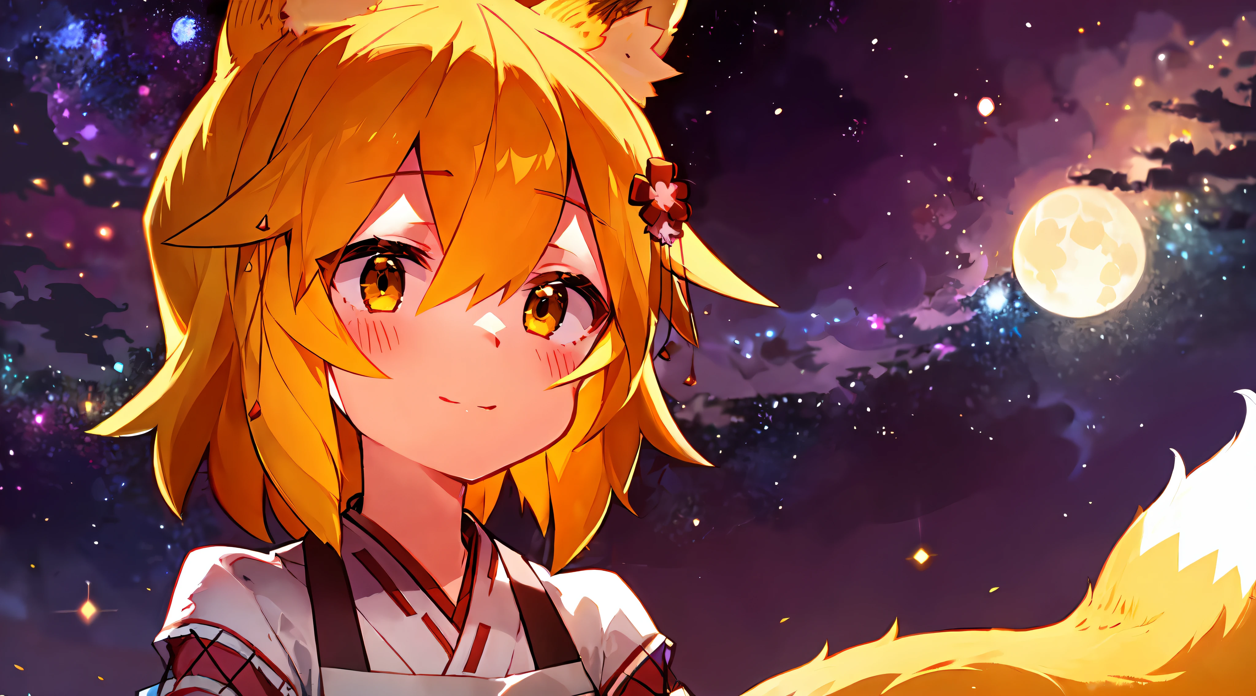 Ultra-detailed starry night scene, extremely focused image, (detailed light: 1.05), a fox girl with orange hair, small stature, solo, kimono, miko, fox ears and tail, floral hair ornament, gazing up with wonder in her crisp, luminous emerald eyes, enchanted smile on her flawless face, dazzlingly clear night sky filled with two sharp, detailed moons, brilliantly vivid constellations swirl overhead, notes of rich purple, blue and green fill the crisp sky, representing her sense of awe and hope, elegant beauty, masterful depth, textures and details