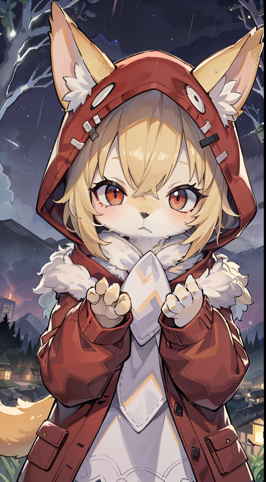 Fox Boy，hairy pubic，shaggy，Golden fur，Golden yellow face fur,Short straight blonde hair，Eyes have light，Red eyes，Super cute face，Brown elements on fur，Brown hooded coat，Beautiful lights and shadows，Ambient light，Ultra-fine fur，volumettic light，Night,natural  lightting，Fluffy tail，nevando，Brown hood up，Night，starrysky，Expansive landscape photograph，（look from down，The sky and wilderness below can be seen），，rainy outside，Rained，Rained，raining mood，wash off in the rain，crossed bangs, Hairline, Shiny hair, lone nape hair, ，Dilated pupils，Sleepy，dark circles，（moon full：1.2），（meteors：0.9），（Starcloud：1.3），Far Mountain，Tree BREAK Production Art，（Warm light source：1.2），（glowworm：1.2），lamp lights， Purple and orange，Complicated details，Volumetriclighting，Realist breakthrough（tmasterpiece：1.2）（best qualtiy），4K，ultra-delicate，（Dynamic configuration：1.4），Highly detailed and colorful details，（Irridescent color：1.2），（luminouslighting，Atmospheric lighting），dream magical，Magic，（独奏：1.2）