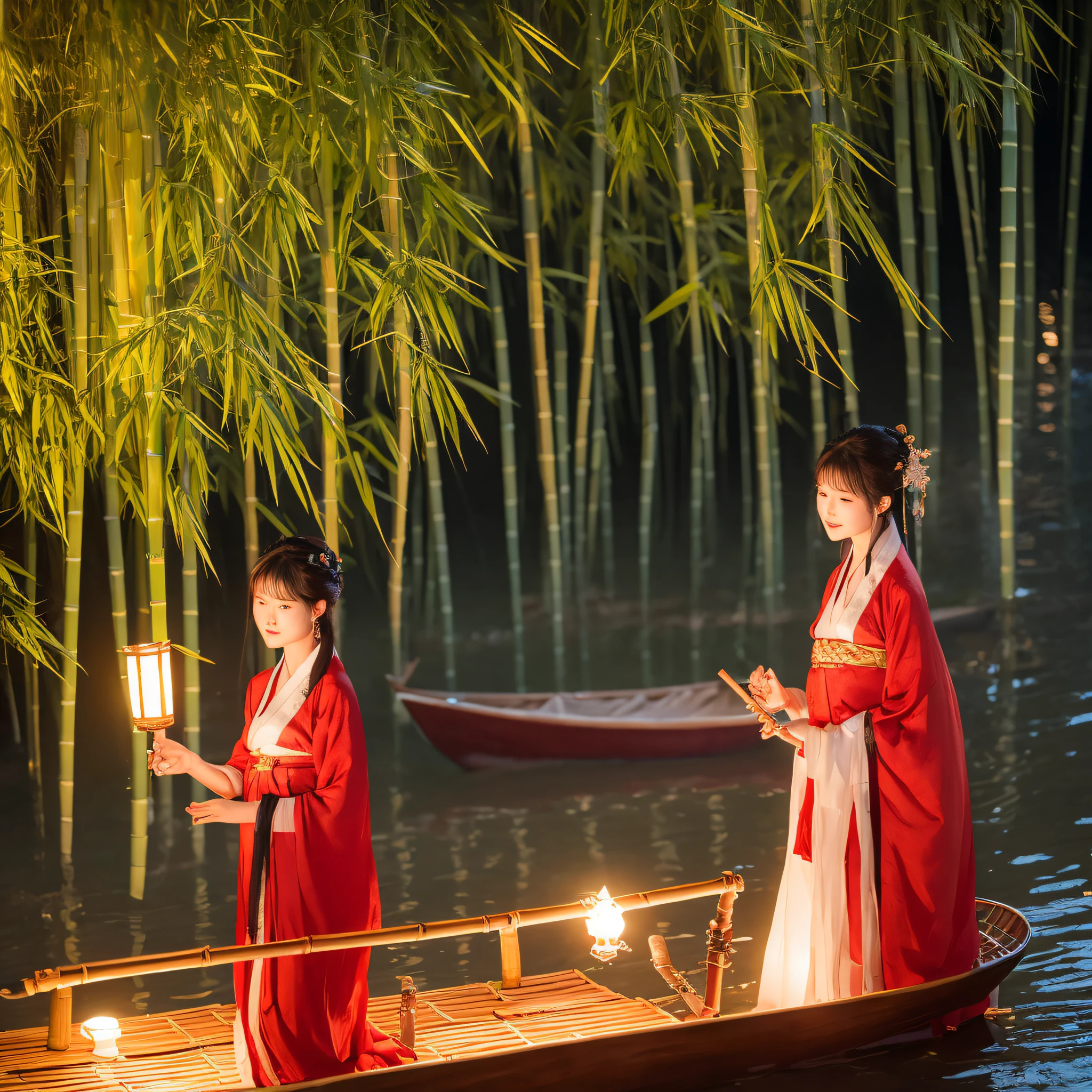 On a bamboo raft, The boatman lit his lantern, The bamboo rafts on the river reflect red, Hanfu woman standing on a bamboo raft playing the flute, Moonlight and lights spill on the surface of the river