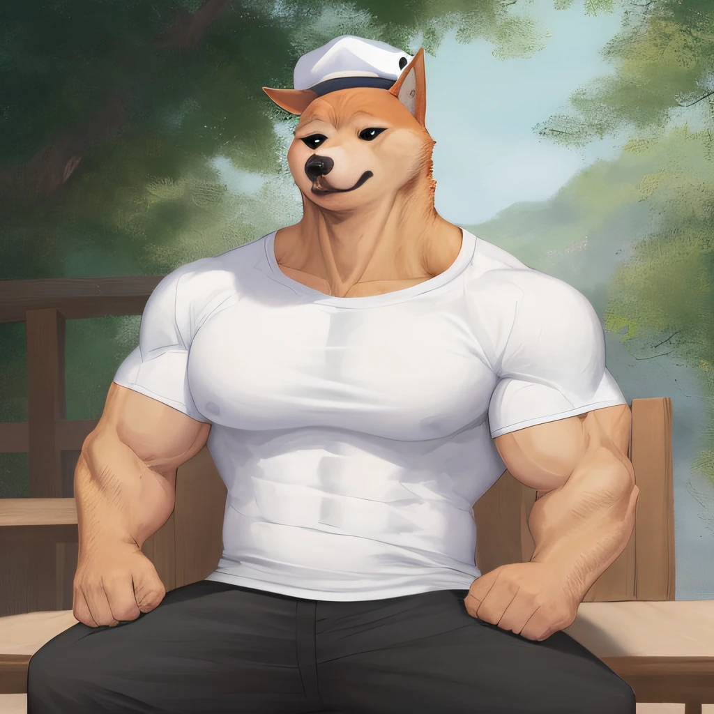 a majestic airbrush painting of [(((buff Swoledoge))):buff Swoledoge:4], relaxing in a white shirt and hat, cinematic dramatic light, smooth transition, bokeh