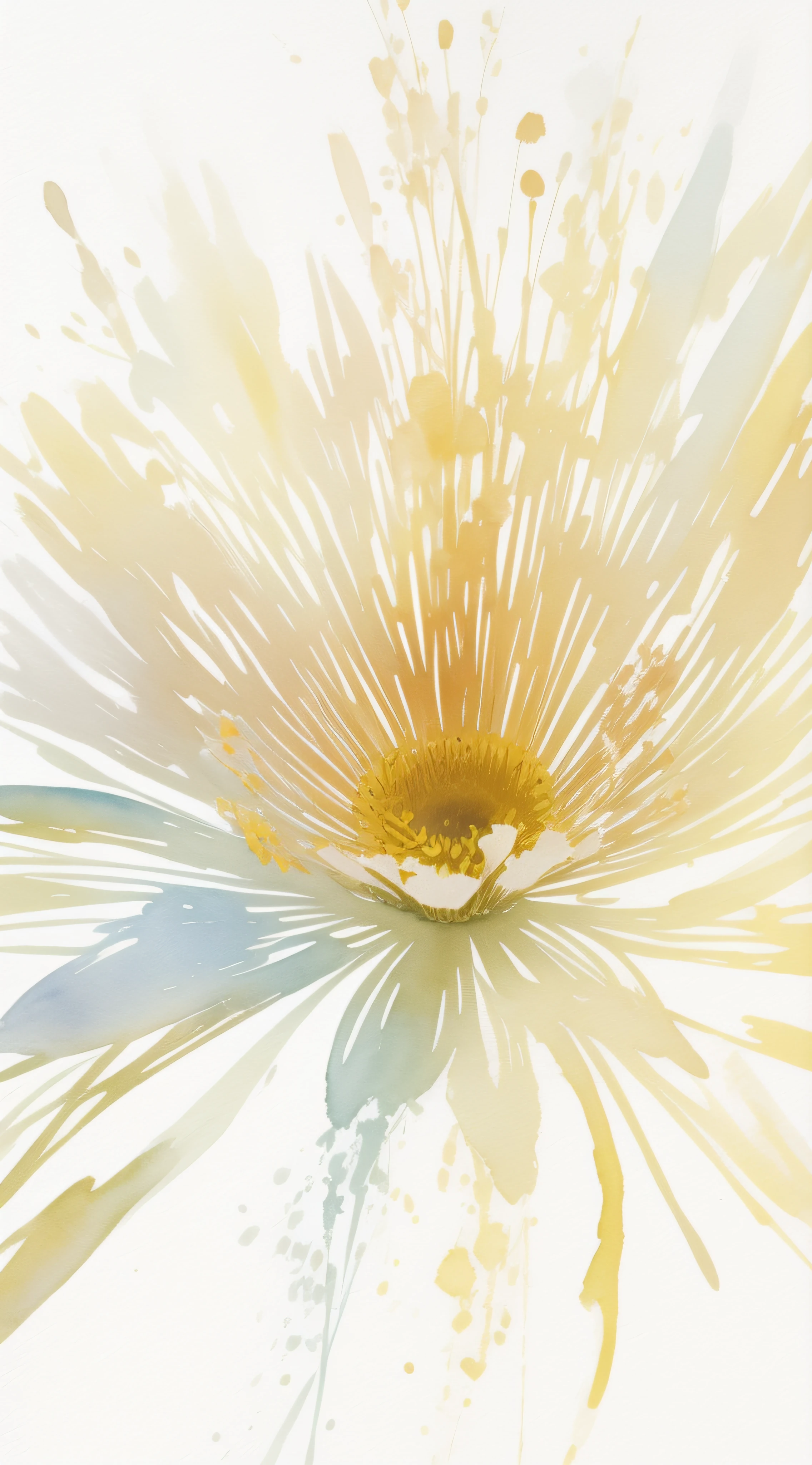 Watercolor flower painting isolated on white background、watercolor paiting、Splash technique to reproduce wet conditions、Blurry atmosphere、Unique composition、Abstract representation、Contains elements of surrealism、Pale tones、White and gold color scheme、High-resolution detail、Ink splash effect、Pale colors。