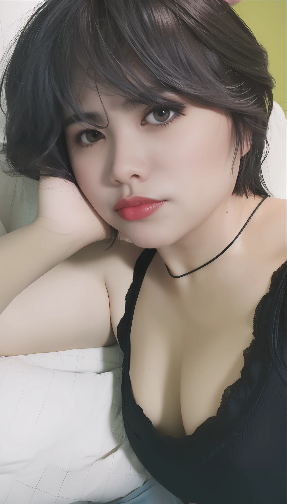 araffed asian woman with a black top and red lipstick, sexy face, with short hair, 3 0 years old woman, 30 years old woman, sexy :8, from 8 k matte, sexy look at the camera, 2 7 years old, 2 8 years old, 1 8 yo, 2 9 years old, with very thin lips, red lips