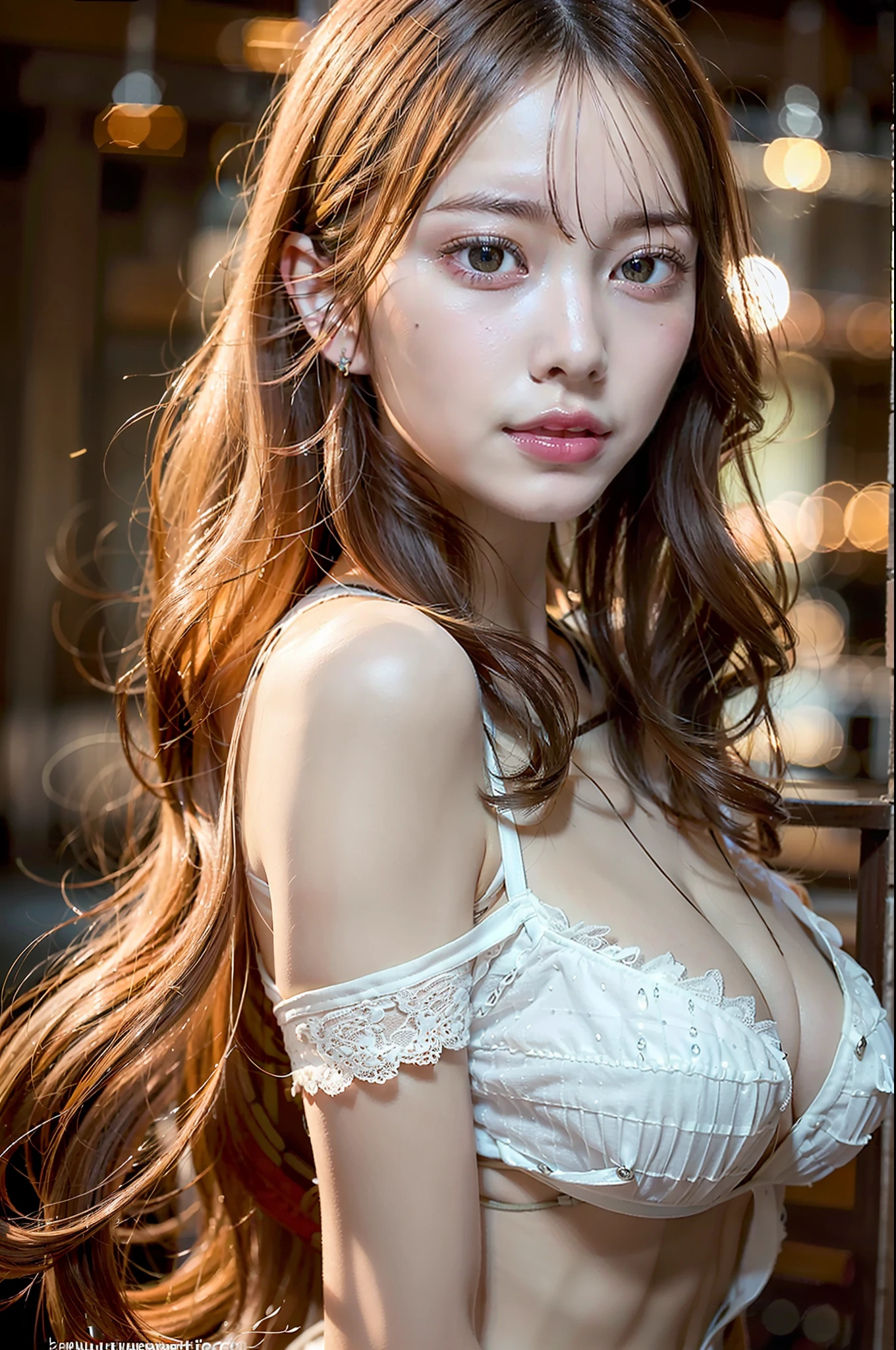 8K, Best Quality, masutepiece, 超A high resolution:1.2), (Beautuful Women:2), [Long curly blonde hair| long wavy crimson hair], (Obscene blessed breasts), Natural makeup, Best skin quality, Extremely delicate and beautiful, Perfect body, Fine Features, (Beautiful detailed eyes:1.2), of the highest quality, Movie Highlight Hair, extreme light and shadows, highly detailed wallpaper, Break against the background of dimly lit bars, Soft lighting,