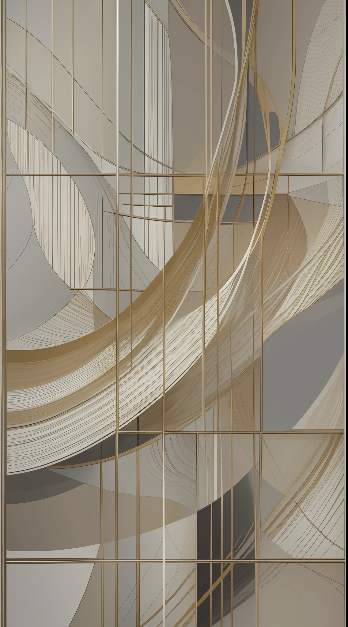 Create an abstract composition of neutral modern wall art that captures the essence of harmony through intersecting round lines at varying angles. The artwork should evoke a sense of balance and tranquility while exhibiting a contemporary aesthetic.Use a color palette that consists of neutral tones, such as shades of white, gray, beige, or earthy tones. Ensure that the intersecting lines are gracefully intertwined, conveying a sense of fluidity and interconnectedness.