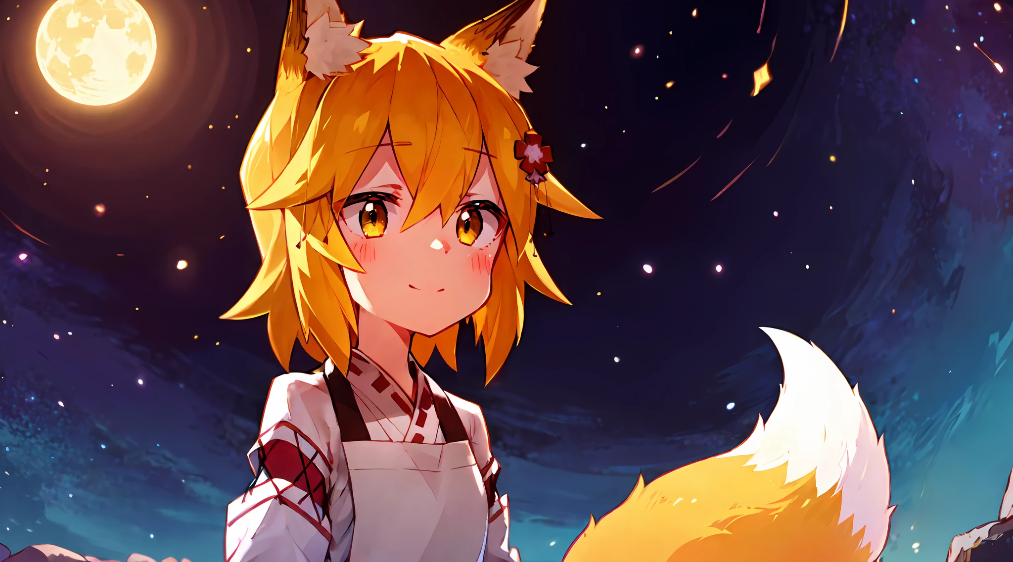 Ultra-detailed starry night scene, extremely focused image, (detailed light: 1.05), a fox girl with orange hair, small stature, solo, kimono, miko, fox ears and tail, floral hair ornament, gazing up with wonder in her crisp, luminous emerald eyes, enchanted smile on her flawless face, dazzlingly clear night sky filled with two sharp, detailed moons, brilliantly vivid constellations swirl overhead, notes of rich purple, blue and green fill the crisp sky, representing her sense of awe and hope, elegant beauty, masterful depth, textures and details