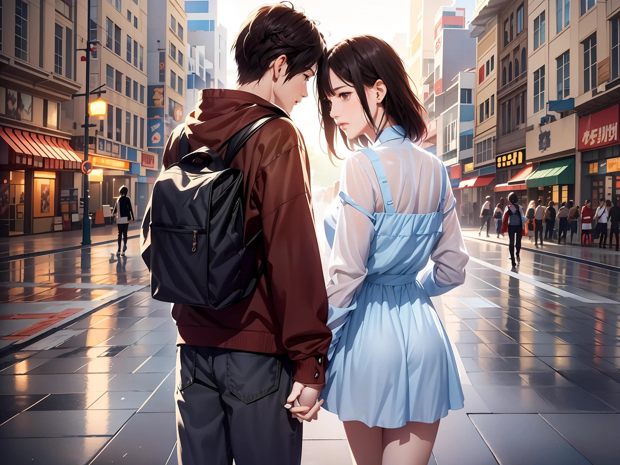 They walked down the street holding hands, Guviz-style artwork, Realistic anime 3 D style, realistic anime artstyle, in city street, Makoto Shinkai e Tom Bagshaw, trending on cgstation, 3 d anime realistic, Photorealistic anime, anime realism style, Anime style. 8K, Smooth anime CG art