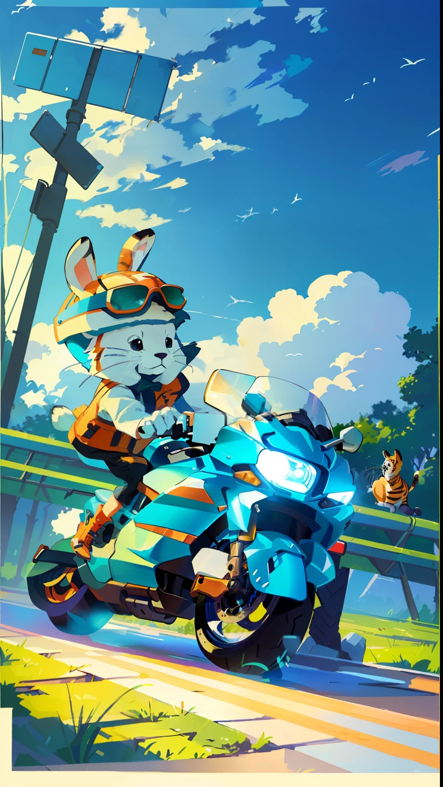 (Best quality),(Masterpiece),High details,Rabbits and tigers,a motorcycle,Estilo de Makoto Shinkai,makoto shinkai movie,KIDS ILLUSTRATION