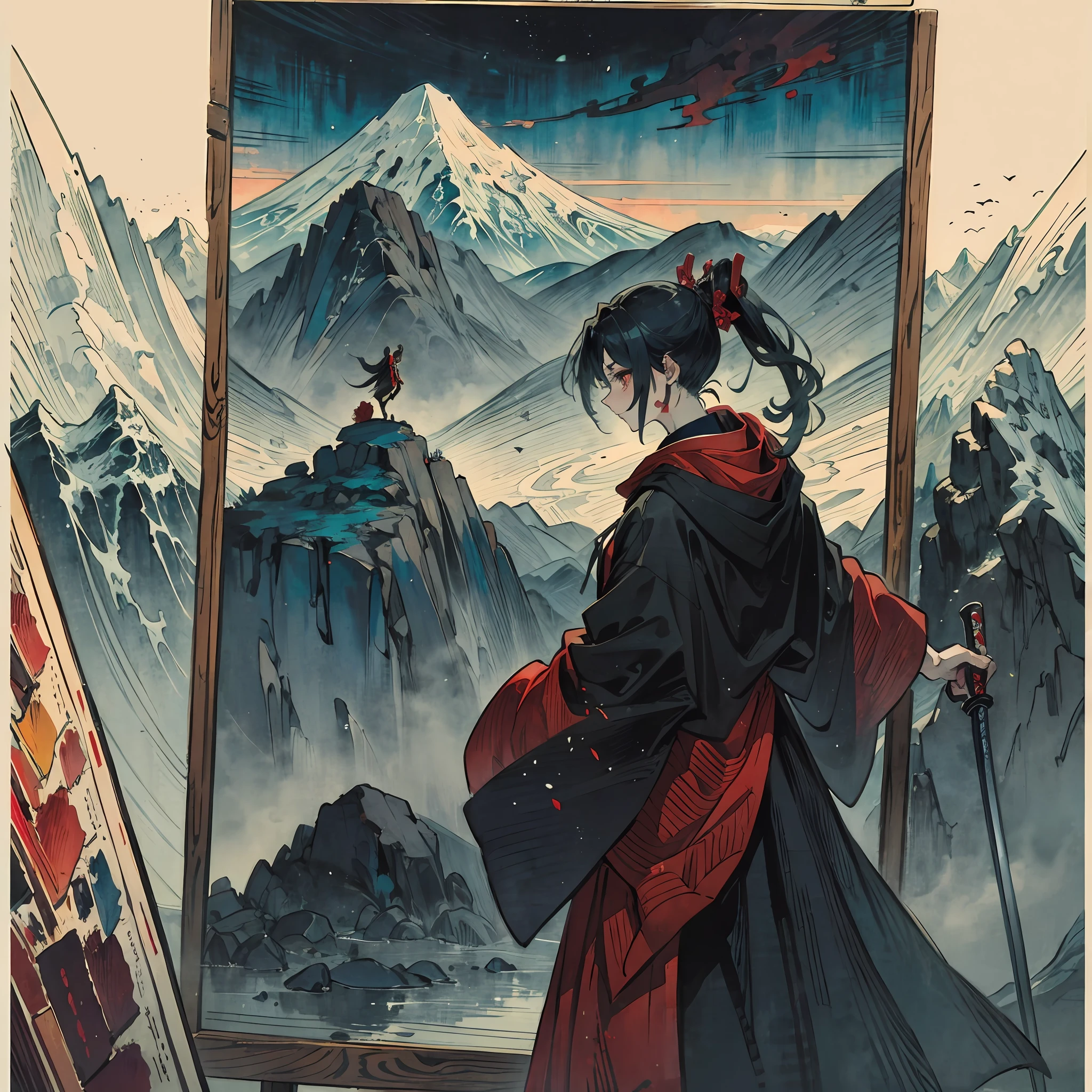 style of anime，ink and watercolor painting，zoom layer，Colored inner hair，Makeup，Evil，Adult body type，Background of details，Anime，Ukiyo-e，Two-dimensional style，With a cloak，Black and red color scheme，Single standing painting，Mountains，braided ponytail，scar on cheek，snake pupils，determined，A swordsman with a cloak standing on a mountain peak --auto