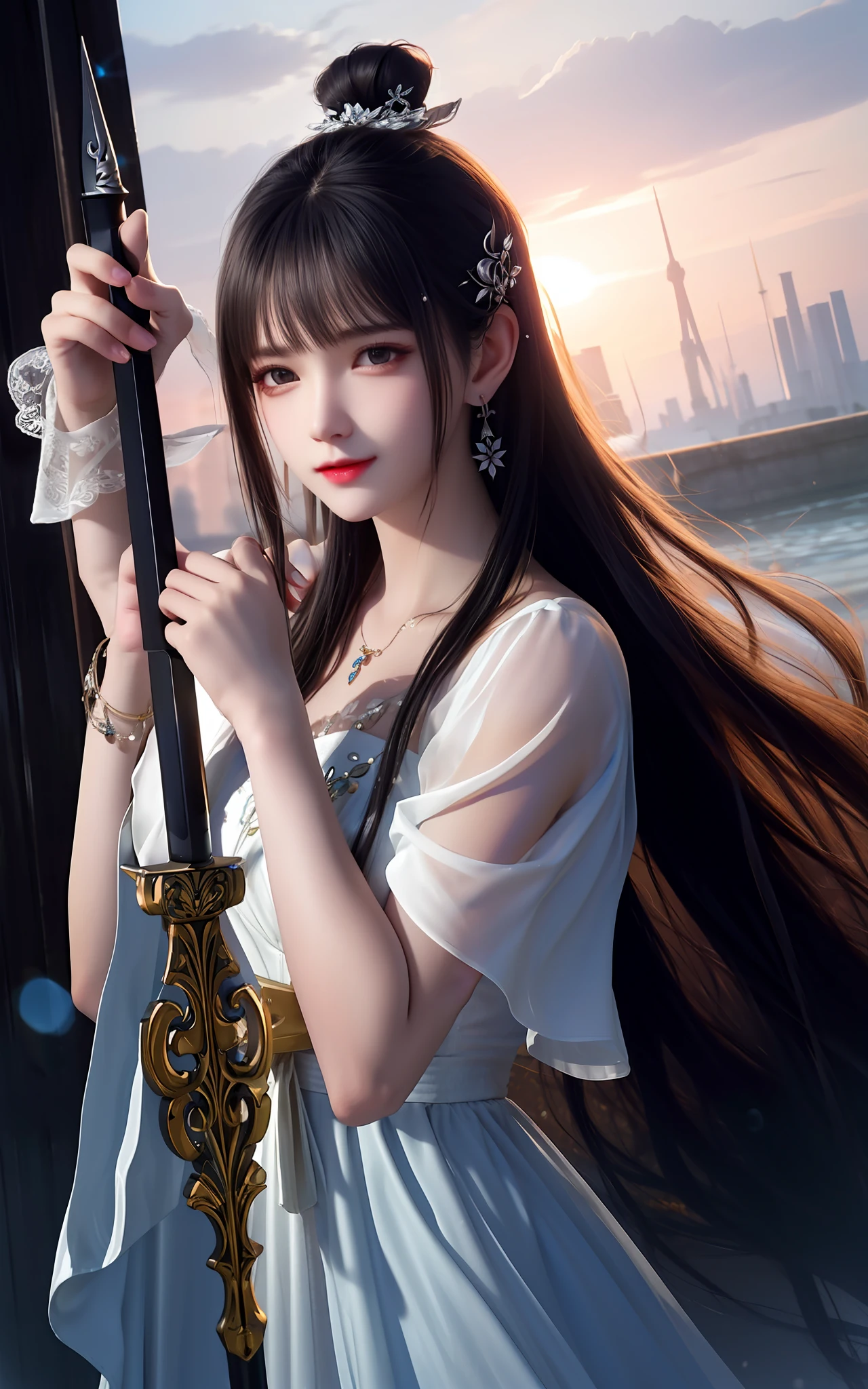 best quality,masterpiece,highres,cg,
1girl,weapon,sword,long hair,dress,water,solo,jewelry,white dress,earrings,hair ornament,splashing,upper body,hair bun,black hair,
lighting,candid,Photograph,high resolution,4k,8k,Bokeh,