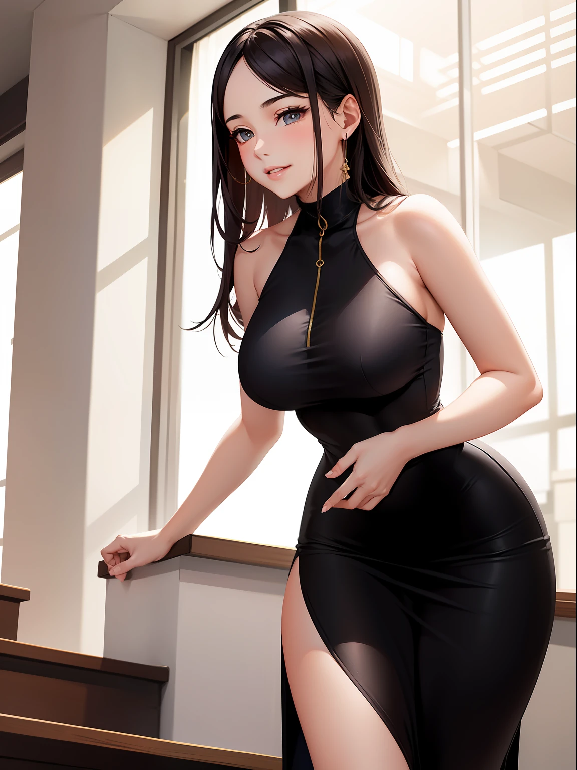 The tall, shapely college student wore a tight black dress that showed off her perfect curves. Her skin was smooth and delicate, with a healthy glow. Her hair is simple and crisp, draped over her shoulders, exuding an air of confidence and generosity., Her eyes were bright and bright, slightly raised, revealing her inner confidence and openness. Her lips were slightly raised, revealing a smile that radiated charm. Her steps are light and confident, and each step is graceful and generous., In general, the female college student shows her confident, sexy and generous side. Her appearance and temperament are so impressive that people can't help but be attracted to her., Surrealism, 8k