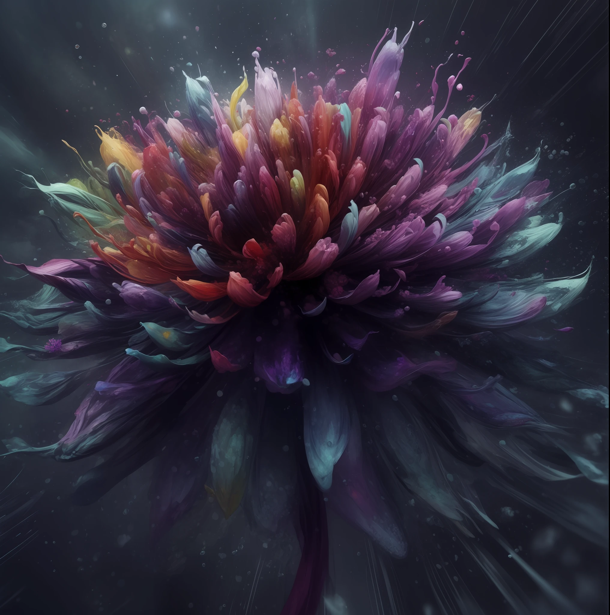 um close up de uma flor com muitas cores, Arte digital altamente detalhada em 4k, bela arte digital, arte de fantasia digital colorida, colorful explosion, colorful alien flora, Pintura digital intrincada, flores explodindo e pulverizando, explosion of flowers, colorful explosion, Arte Digital 4K, Arte Digital 4K, Arte Digital 4K, 3d arte digital 4k, alien flower