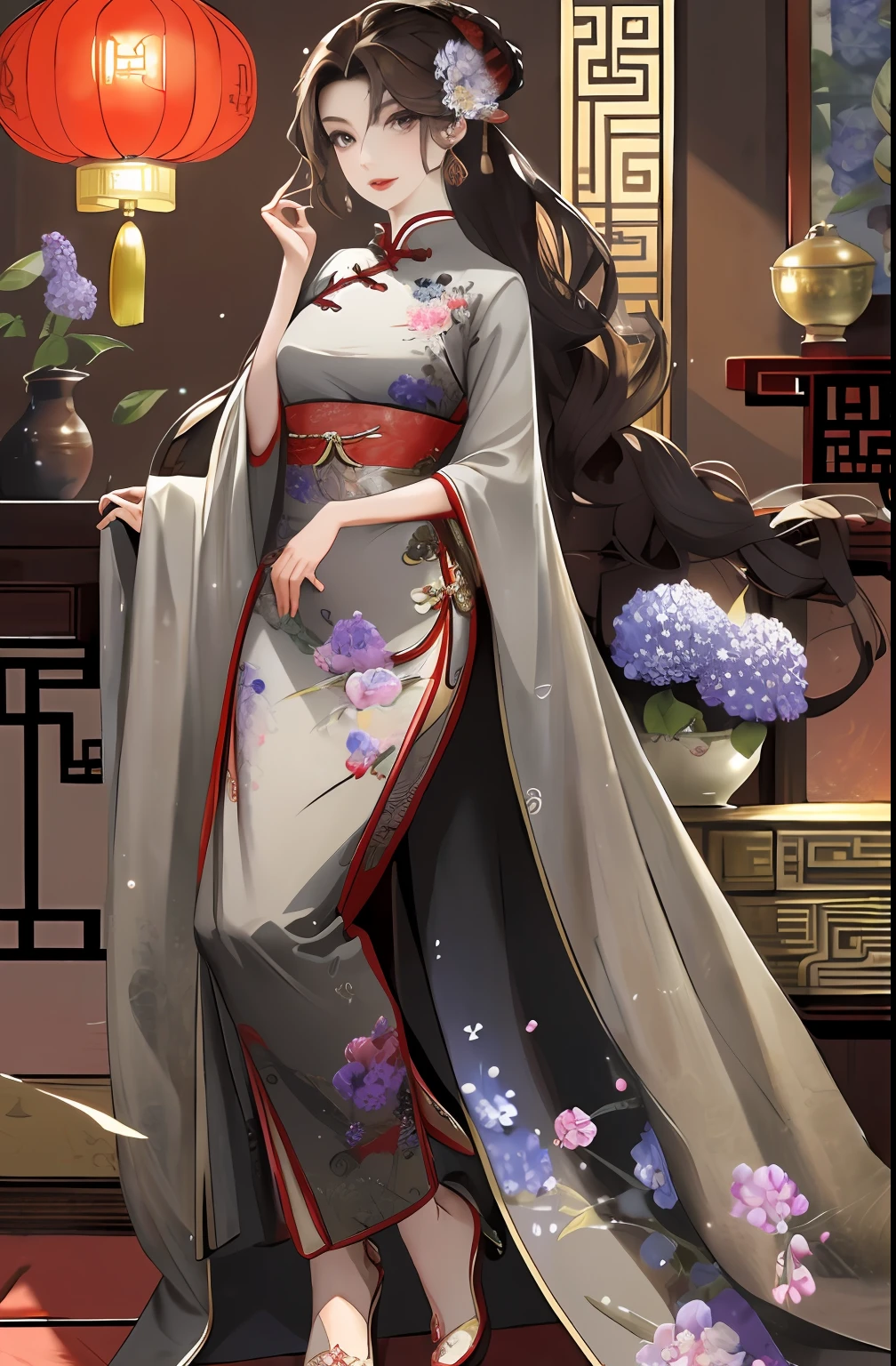 Masterpiece, Superb Product, Night, Full Moon, 1 Woman, Mature Woman, Chinese Style, Antique Chinese, Sister, Royal Sister, Smile, Brunette Hair, Updo, Red Lips, Calm, Intellectual, Hairpin, Hair Flower, Detailed Facial Details, Detailed Eyes, Full Body, Gray Eyes, Long Hair, Hydrangeas