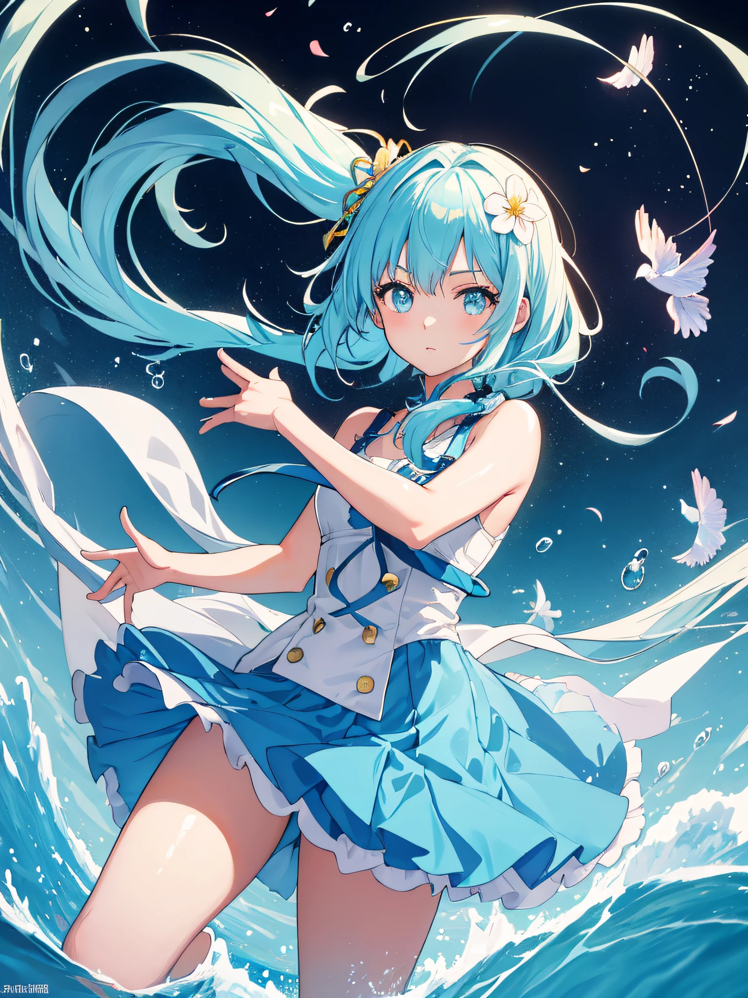 (masterpiece), (best quality), (ultra detailed),(disheed hair),(illustration), (1girl), (Fashionable clothing), standing, Fashion model, looking at viewer, (interview), (simple background),twogirls,Girlfriends,美丽细致的眼睛,Delicate beauty,afloat,(high saturated),(Colorful splashes),Colorful bubbles,(shine),Focus on the face,pony tails,Ayaka Kamisato,lightblue hair,By bangs,Hair rings,Floating flowers,floated hair,(shiny),best illuminate,best shadow,