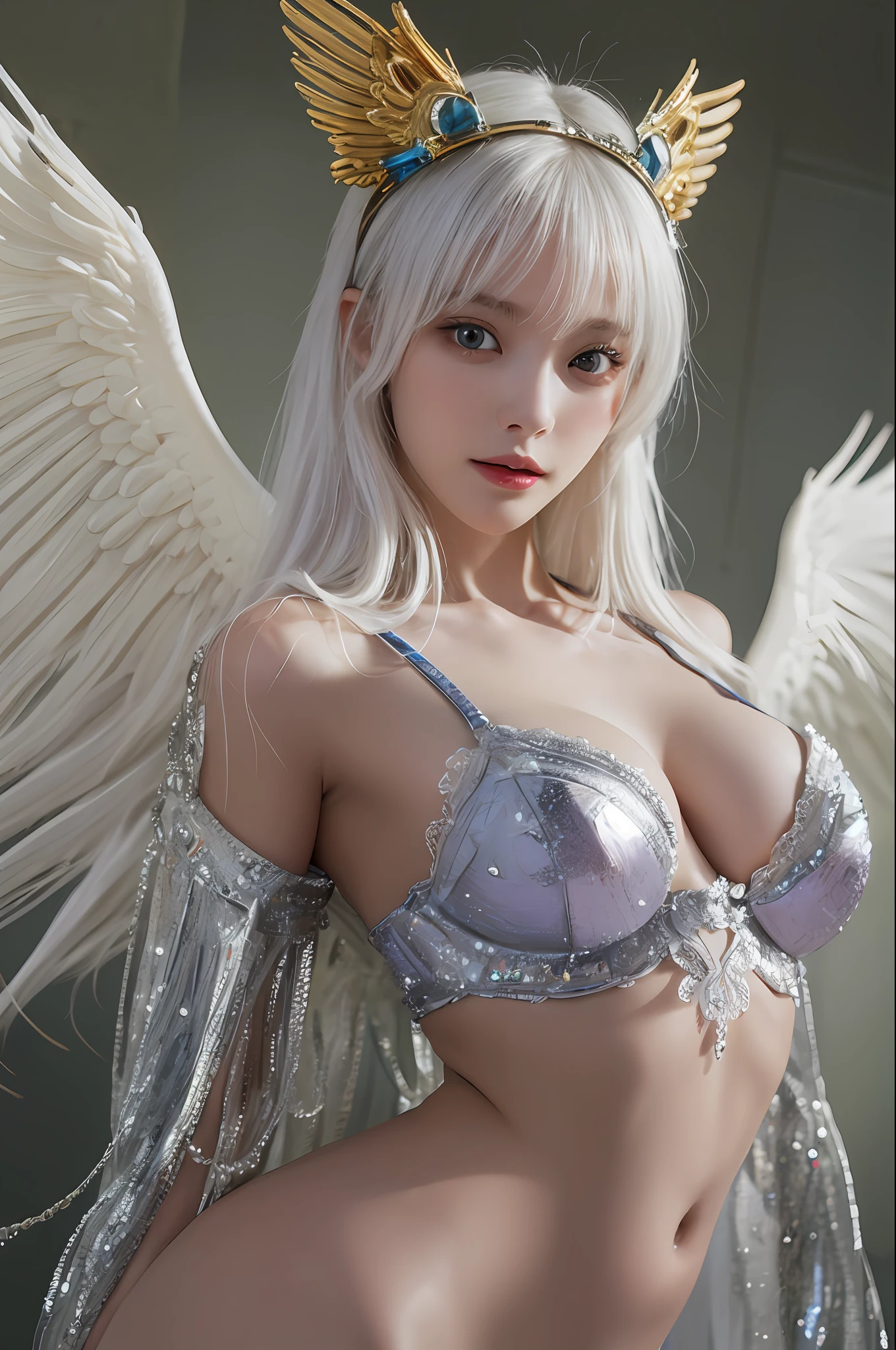 top-quality、masterpiece、超A high resolution、(Photorealsitic:1.4)、Raw photo、Mechanical Angel、large wings made of metal、White porcelain body、white hair、glowy skin、1 Mechanical Girl、((super realistic details))、Mechanic body、portlate、globalillumination、Shadow、octan render、8K、ultrasharp、character edge light,Colossal tits、Raw skin is exposed in cleavage、Details of complex ornaments、Hydraulic cylinder、highly intricate detail、Realistic light、a purple eye、radiant eyes、Facing the camera、neon details、cowboy shot、Futuristic headgear、Sumerian details、Small LED lamp、