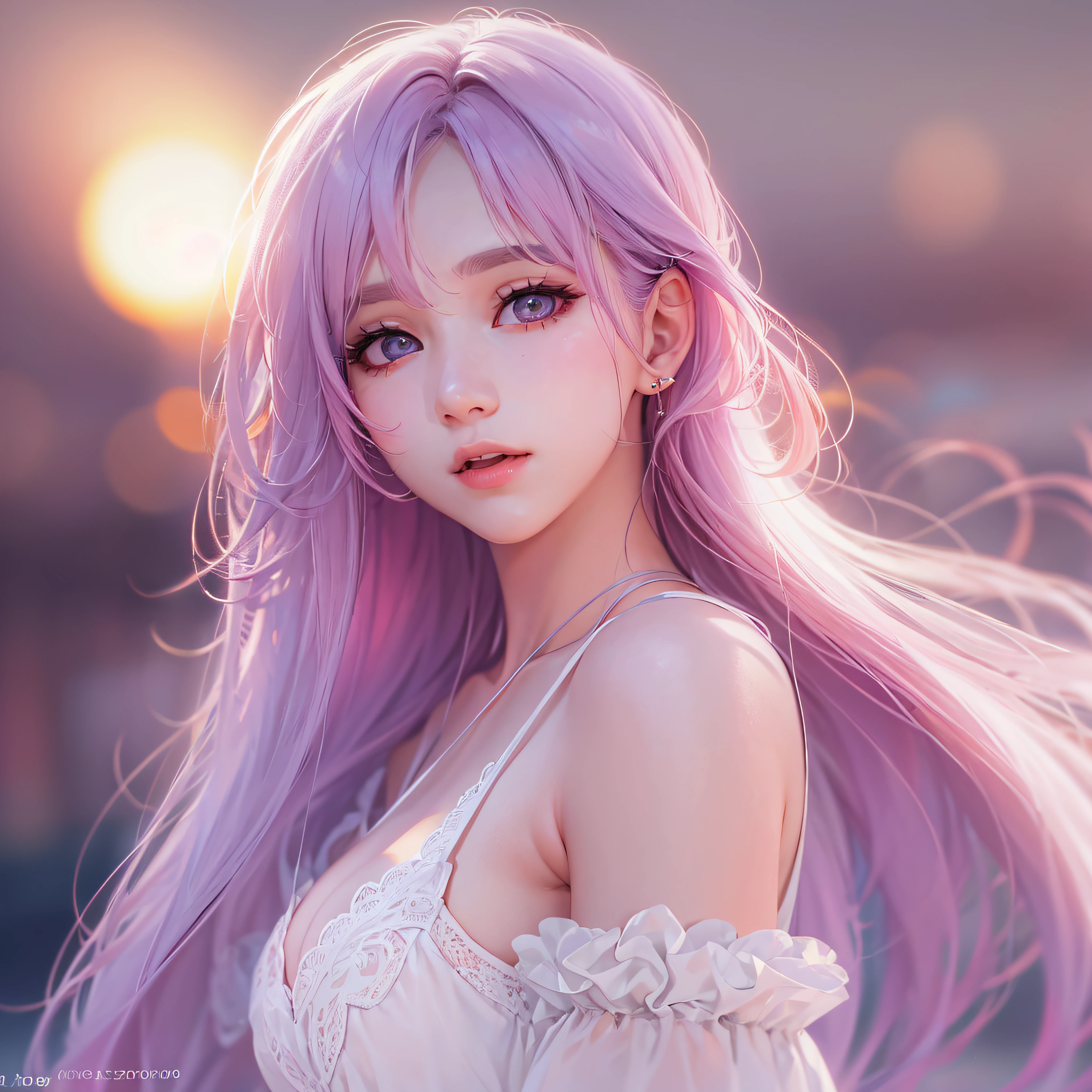 Best quality, masterpiece, girl, pink hair, light white skirt, sunny type, (in a sea of violet: 1.4), (size 9:16, picture quality 4K) (mid-chest: 1.4) cleavage Very long hair, high ponytail, delicate face, cold face, (smooth chin: 0.85), looking at the audience, beautiful eyes, detailed eyes, skirt, (sunset: 1.4), from the side, photon mapping, physically based rendering, RAW photos, highly detailed background, (Real photo: 1.35), high resolution, perspective, front, (ulzzang-6500: 0.4)