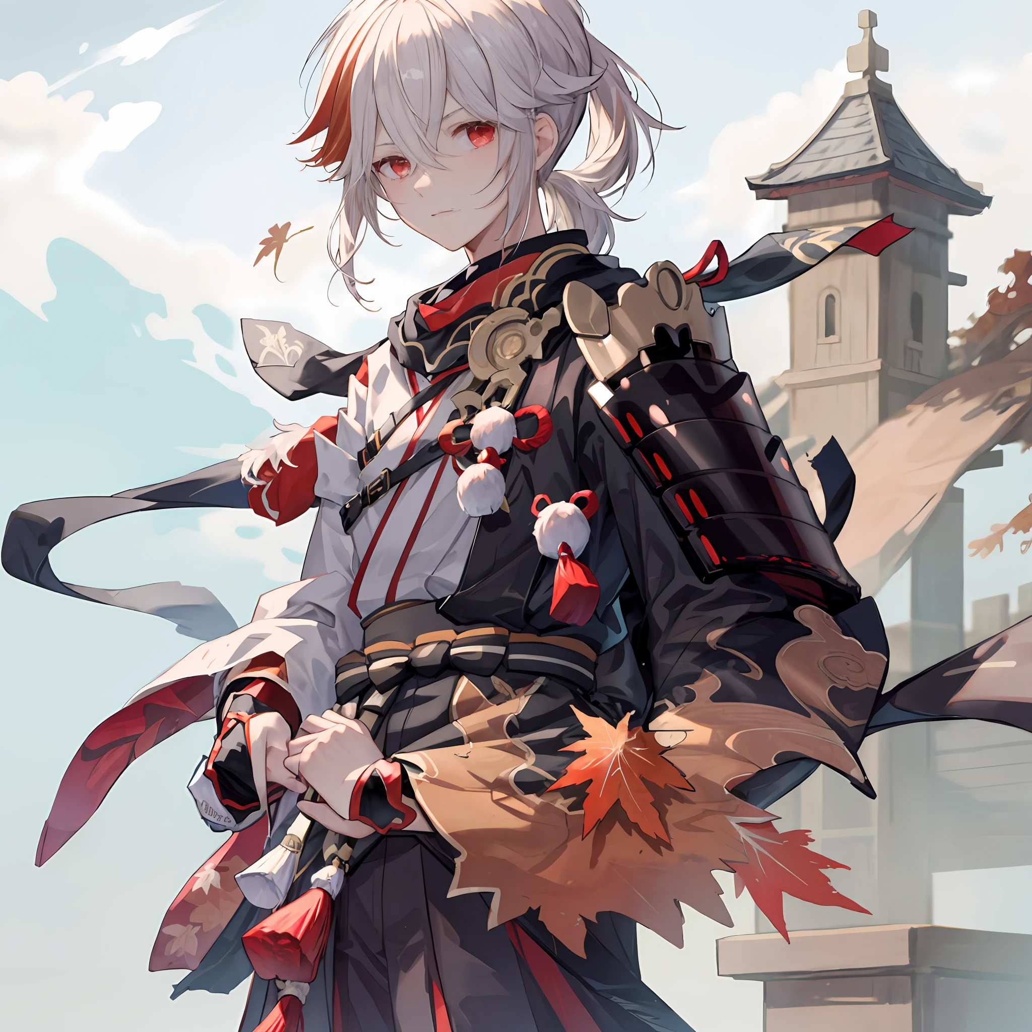 masterpiece, best quality, maple manyo, male focus, 1boy, solo, red eyes, bangs, multicolored hair, japanese clothes, striped hair, red hair, hair between the eyes, weapon, sword, armor, japanese armor, white hair, shut up, ponytail, outdoors, tassel, looking at the audience, castle tower, (kbxll:0.6)