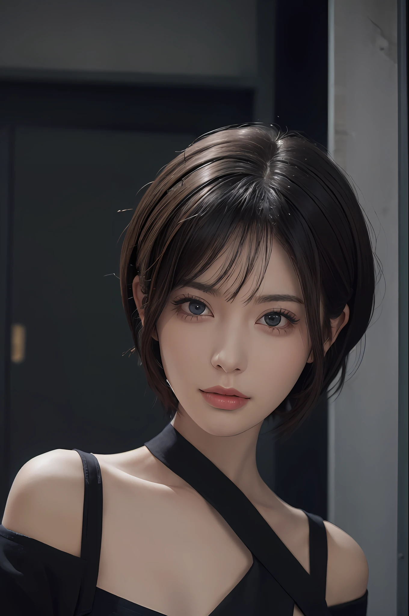 (Masterpiece:1.3), (8K, Photorealistic, RAW photo, Best quality: 1.4), (1girll), Beautiful face, (Realistic face), (Black hair, Short hair:1.3), Nice hairstyle,photorealistic eye,Nice detail eyes,(Realistic skin),Beautiful skins,(shift dresses),absurd res,enticing,超高分辨率,Ultra photo realsisim,The is very detailed,the golden ratio,Bigchest,Blue pupil