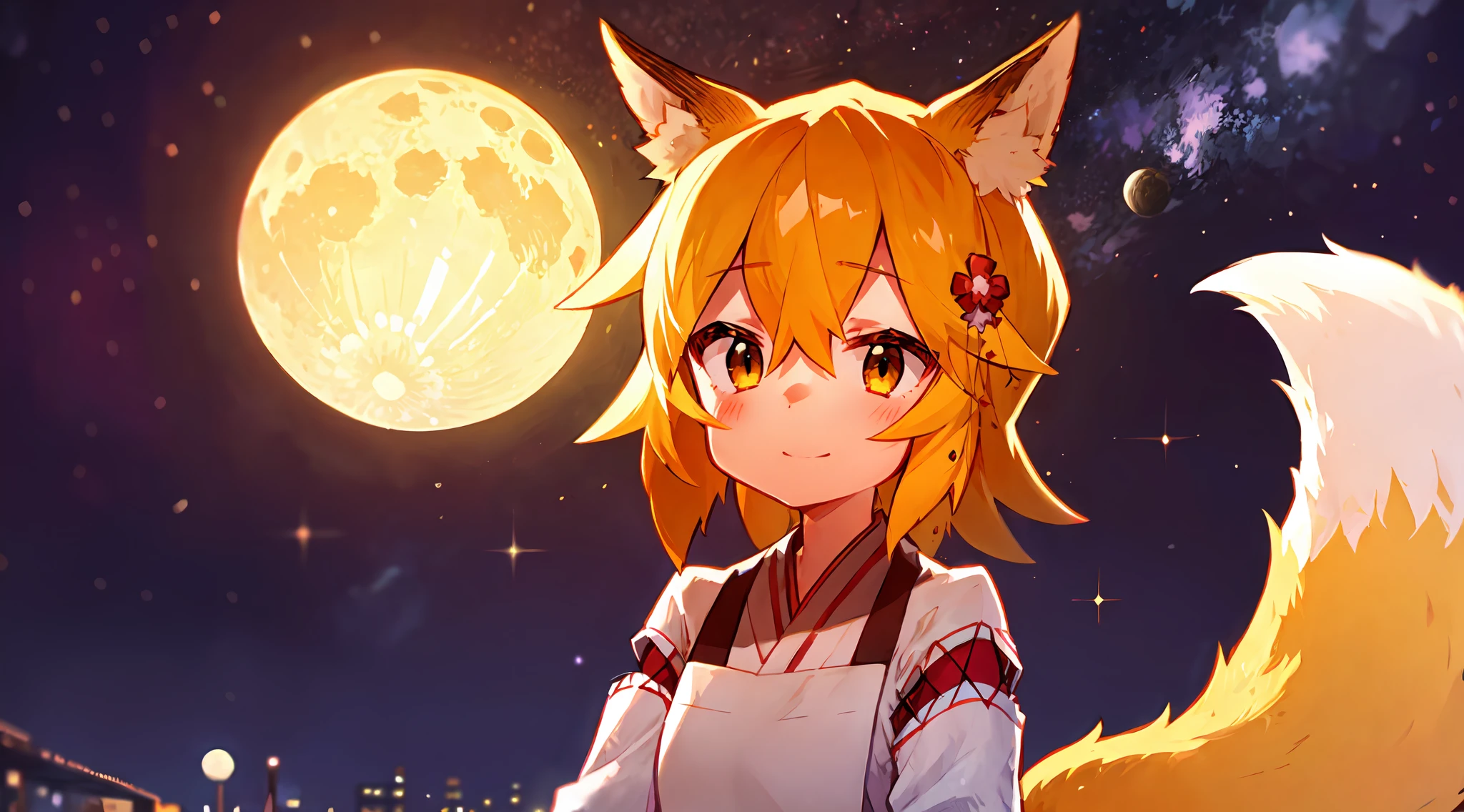 Ultra-detailed starry night scene, extremely focused image, (detailed light: 1.05), a fox girl with orange hair, small stature, solo, kimono, miko, fox ears and tail, floral hair ornament, gazing up with wonder in her crisp, luminous emerald eyes, enchanted smile on her flawless face, dazzlingly clear night sky filled with two sharp, detailed moons, brilliantly vivid constellations swirl overhead, notes of rich purple, blue and green fill the crisp sky, representing her sense of awe and hope, elegant beauty, masterful depth, textures and details