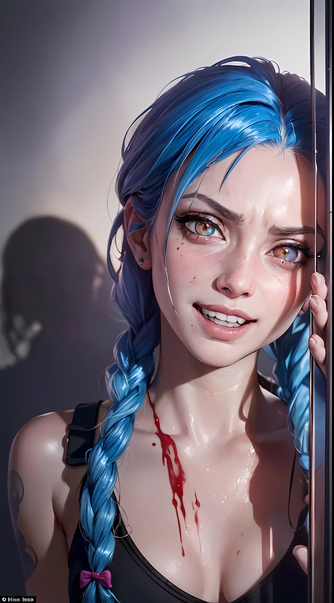 analog style, model shoot style, RAW (close portrait:1.4) of (JinxLol:1.1), centered face, 1girl, (shiny pink eyes:1.7, blue hair), (shiny body), ((hands out of camera:1.5)), looking at viewer,
((evil:1.3, bow one's head:1.3, night:1.3, scared:1.3, horrified:1.3, constricted pupils:1.7, crazy smile:1.6)), medium breasts, arm tattoo, stomach tattoo, ((blood on face:1.4)),
best quality, epic (by lee jeffries photo, sony a7, 50 mm, pores:1.5, colors, hyperdetailed:1.5, film grain:1.4,
hyperrealistic: 1.5), hyper-realistic lifelike texture, masterpiece, unreal engine 5, Extremely detailed CG unity 8k wallpaper, realistic eyes,
Madly detailed photo, (ecstasy of light and shadow, deep shadow), (Winner of the Pulitzer Prize for Photography and Taylor Wessing Photographic Prize)