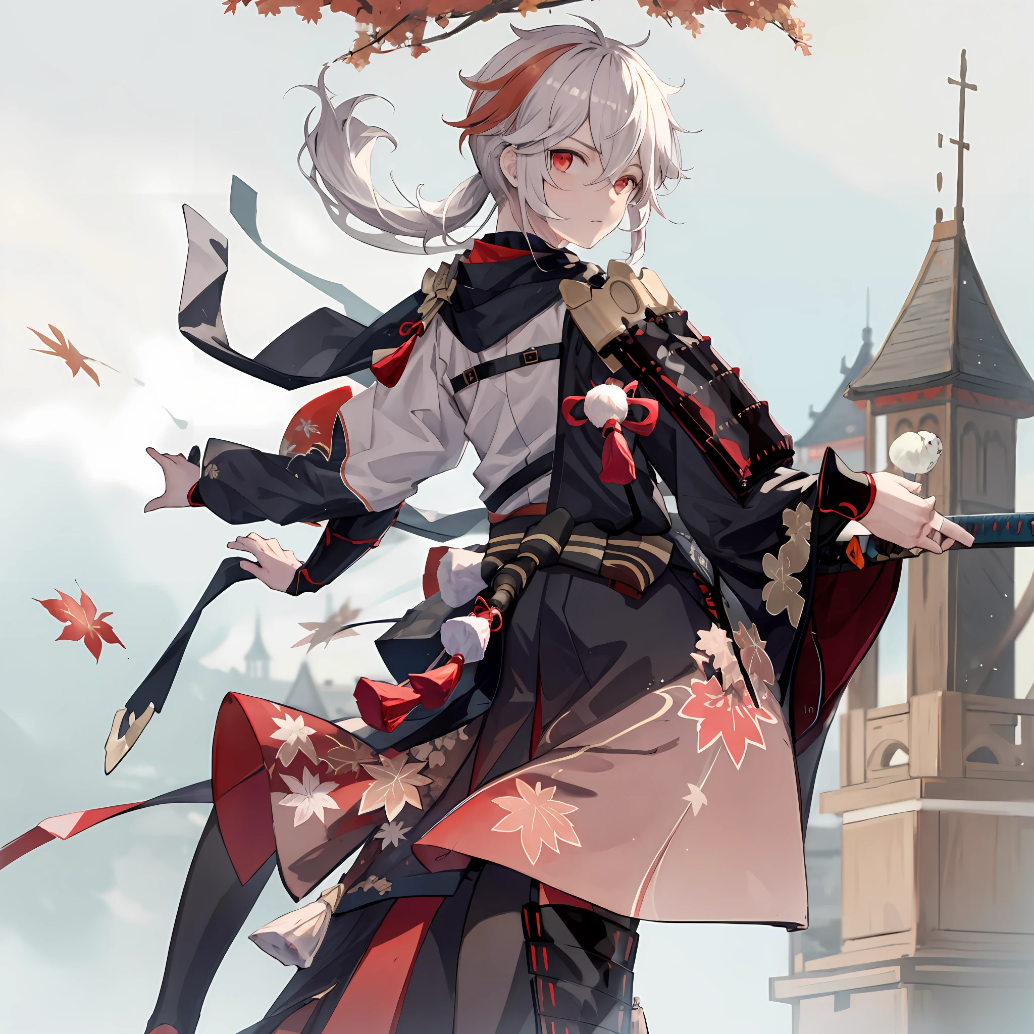 masterpiece, best quality, maple manyo, male focus, 1boy, solo, red eyes, bangs, multicolored hair, japanese clothes, striped hair, red hair, hair between the eyes, weapon, sword, armor, japanese armor, white hair, shut up, ponytail, outdoors, tassel, looking at the audience, castle tower, (kbxll:0.6)