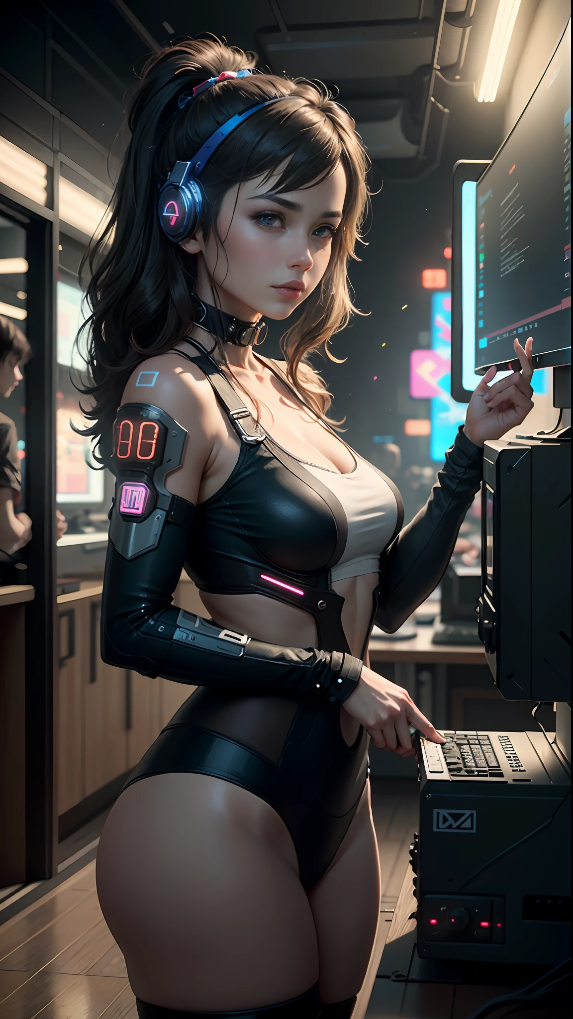 ((Best Quality)), ((Masterpiece)), (Very detailed:1.3), 3D, Beautiful (Cyberpunk:1.3) Female hacker, Mohican hairstyle, back to viewer, thick hair, operating computer terminal, head-mounted display, computer server, LCD screen, fiber optic cable, company logo, HDR (high dynamic range), ray tracing, nvidia RTX, super resolution, Unreal 5, subsurface scattering, PBR texture, post-processing, anisotropic filtering, depth of field, Maximum sharpness and sharpness, multi-layered textures, albedo and highlight maps, surface shading, accurate simulation of light-material interactions, perfect ratios, octane rendering, duotone lighting, low ISO, white balance, rule of thirds, wide aperture, 8K RAW, efficient sub-pixels, subpixel convolution, luminous particles, dynamic pose