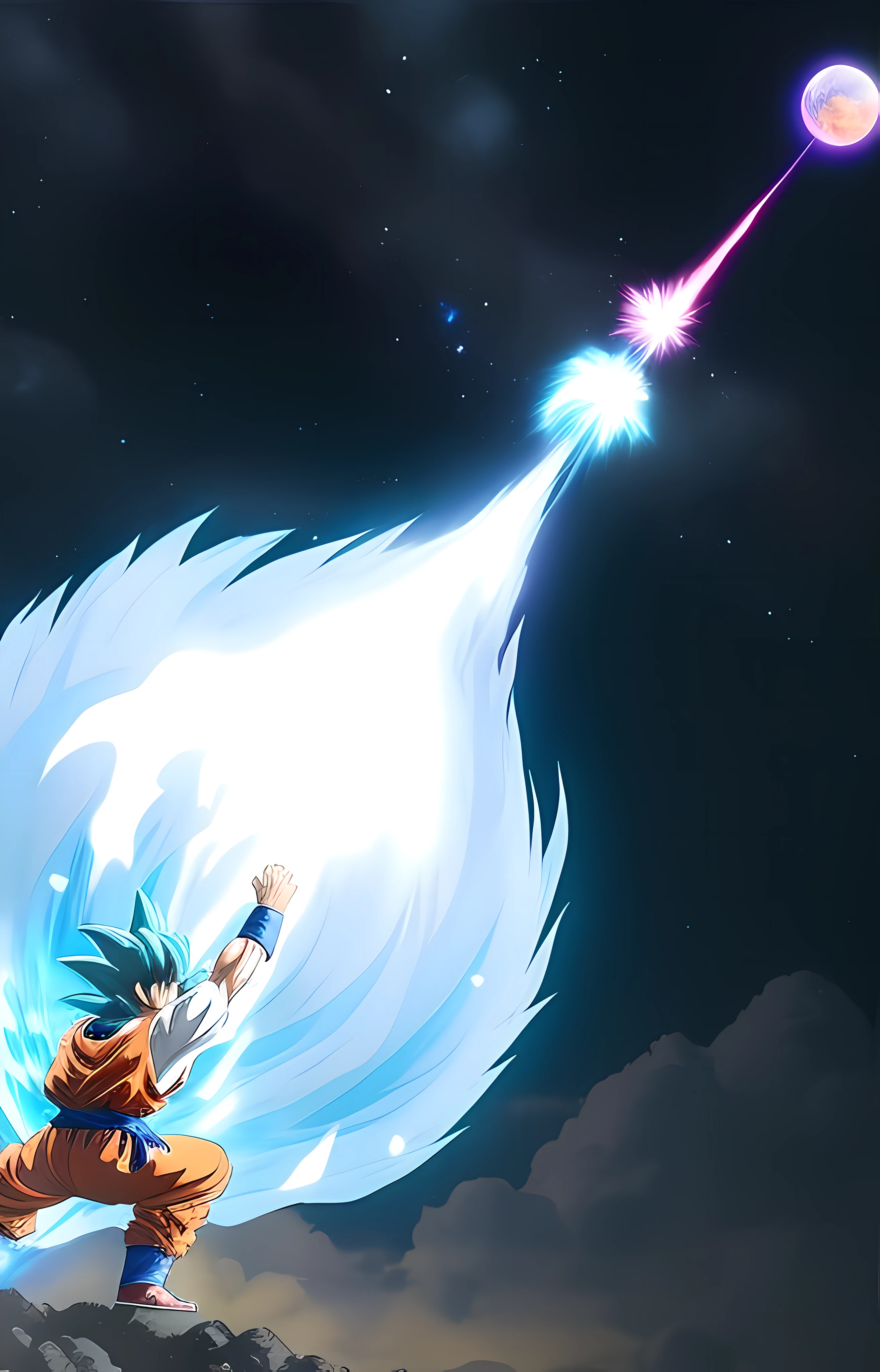 Dragon Ball Goku e Gohan lutando por uma chama azul, Goku lutando contra vegeta, mana no ar, mana shooting from his hands, Um enorme deus gigante celestial, vista ampla, arte conceitual de dragon ball, Akiri Toriyama, spirits coming out of portal, Jesus Cristo Indo Super Saiyajin, Raios de Deus Brilhantes, mana fluindo em torno dele, Poderes de fogo azul