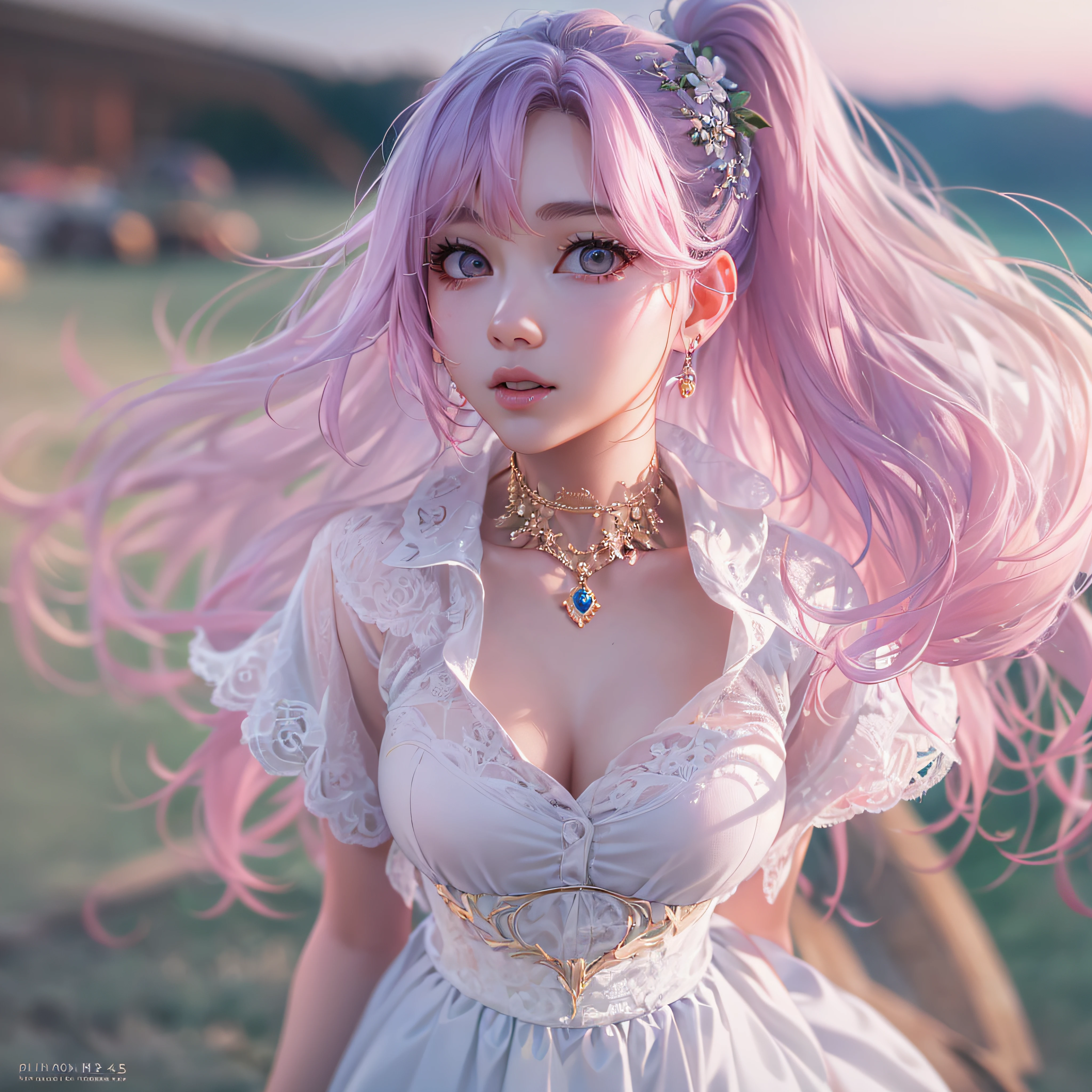 Best quality, masterpiece, girl, pink hair, light white skirt, sunny type, (in a sea of violet: 1.4), (size 9:16, picture quality 4K) (mid-chest: 1.4) cleavage Very long hair, high ponytail, delicate face, cold face, (smooth chin: 0.85), looking at the audience, beautiful eyes, detailed eyes, skirt, (sunset: 1.4), from the side, photon mapping, physically based rendering, RAW photos, highly detailed background, (Real photo: 1.35), high resolution, perspective, front, (ulzzang-6500: 0.4)