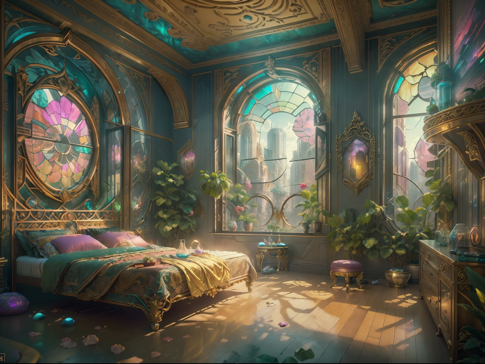 (((Generate an ornate bedroom in the style of Versailles with a big historical window.))) A hyperrealistic solarpunk dreamscape cityscape is in the window. The cityscape is extremely detailed with many colors and buildings of many different sizes. The cityscape has all colors of the rainbow and has hires interesting solarpunk details seen through the window)). It is peaceful in the bedroom. The entire artwork is very realistic with many small details and enhancements. 3D render beeple, artstation and beeple highly, in fantasy sci-fi city, inspired by beeple, 8k, unreal engine unity CGI. Masterpiece and popular. Add many fantastical and beautiful details and nuances.