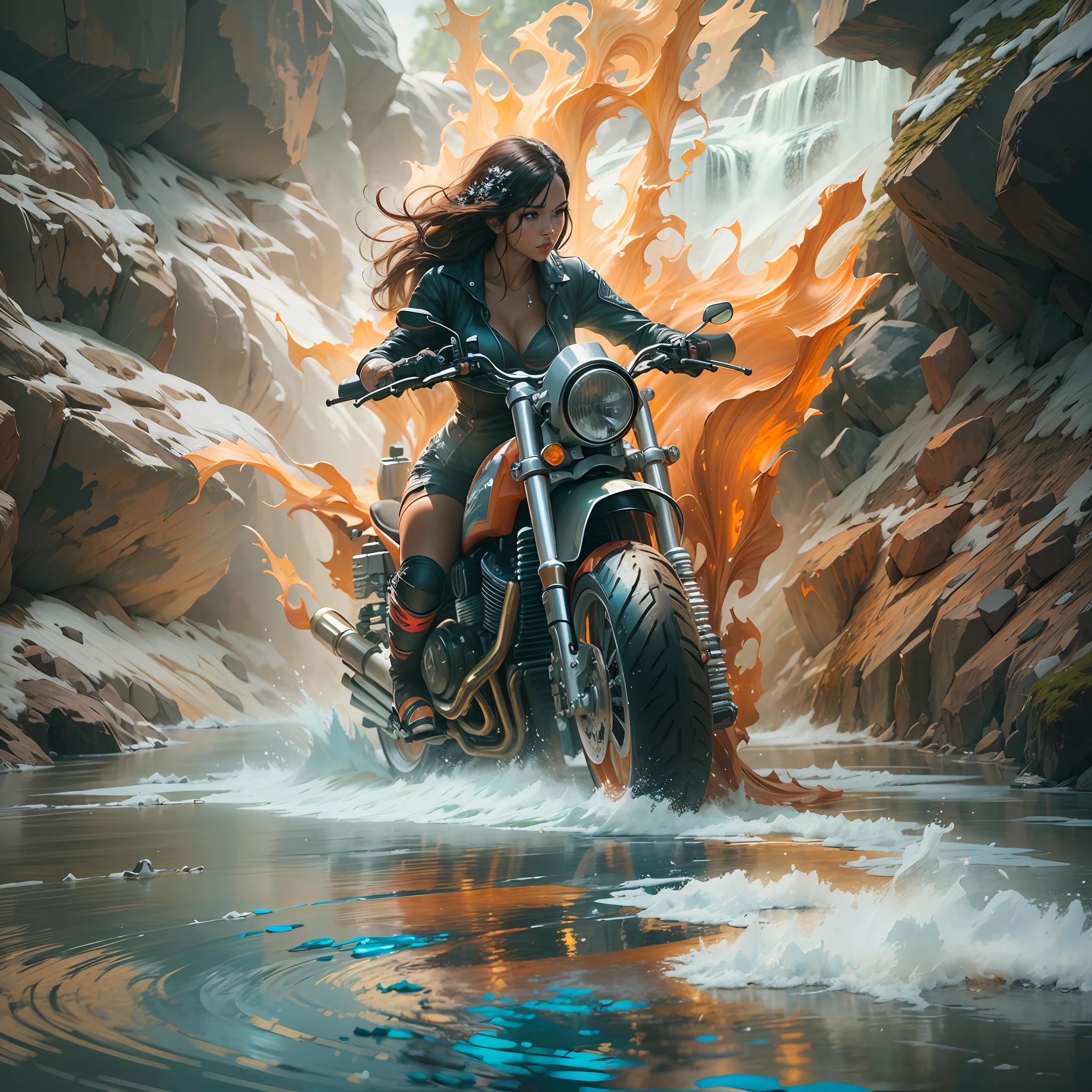 (splash style)) Woman melting and blended with a race motorcycle. 35mm, F/2.8, 8K, Splash art, a perfect beautiful gorgeous young woman in tanga(( Lisa Boon style))with gorgeous Butt {{FULL-BODY}}, nice poses, looking at you, blending and melted in motorcycle. surrealistic, epic, colorful waterfall, ILLUMINATED BY SUNBEAMS, fantasy concept art, masterpiece 16K ultra high definition, UHD. --auto