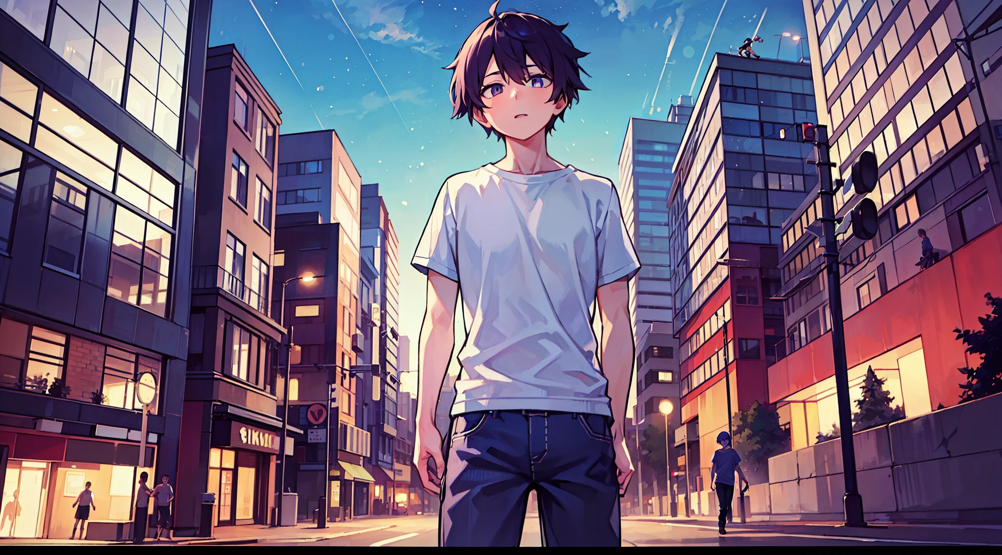 top-quality、masterpiece、Background at night、Time is night、Boy with purple hair、Deformed、Wearing a white t-shirt and jeans、eyes are brown、Intersection of downtown area at night、dark sky、Cool poses for full body reflexes、Dynamic angles