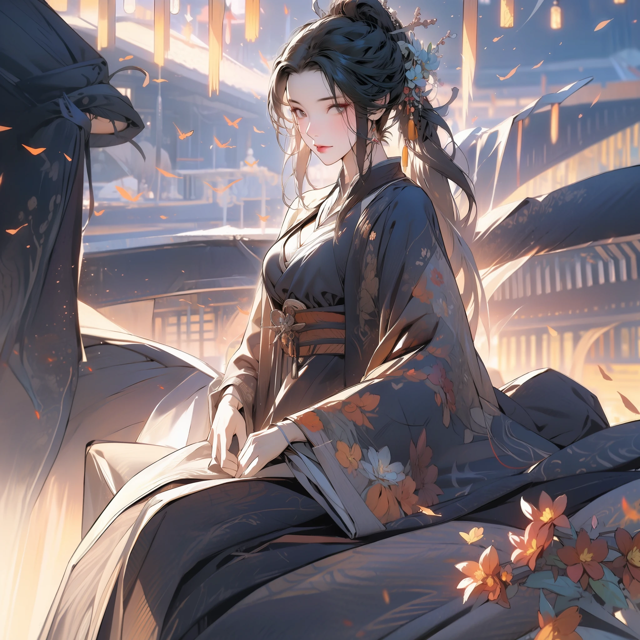 Excellent image quality，Ultra-clear image quality，Top-down perspective，Female general，Chinese armor，Lead the white horse，Peach blossoms fall and their hair is tied up，holding a longsword