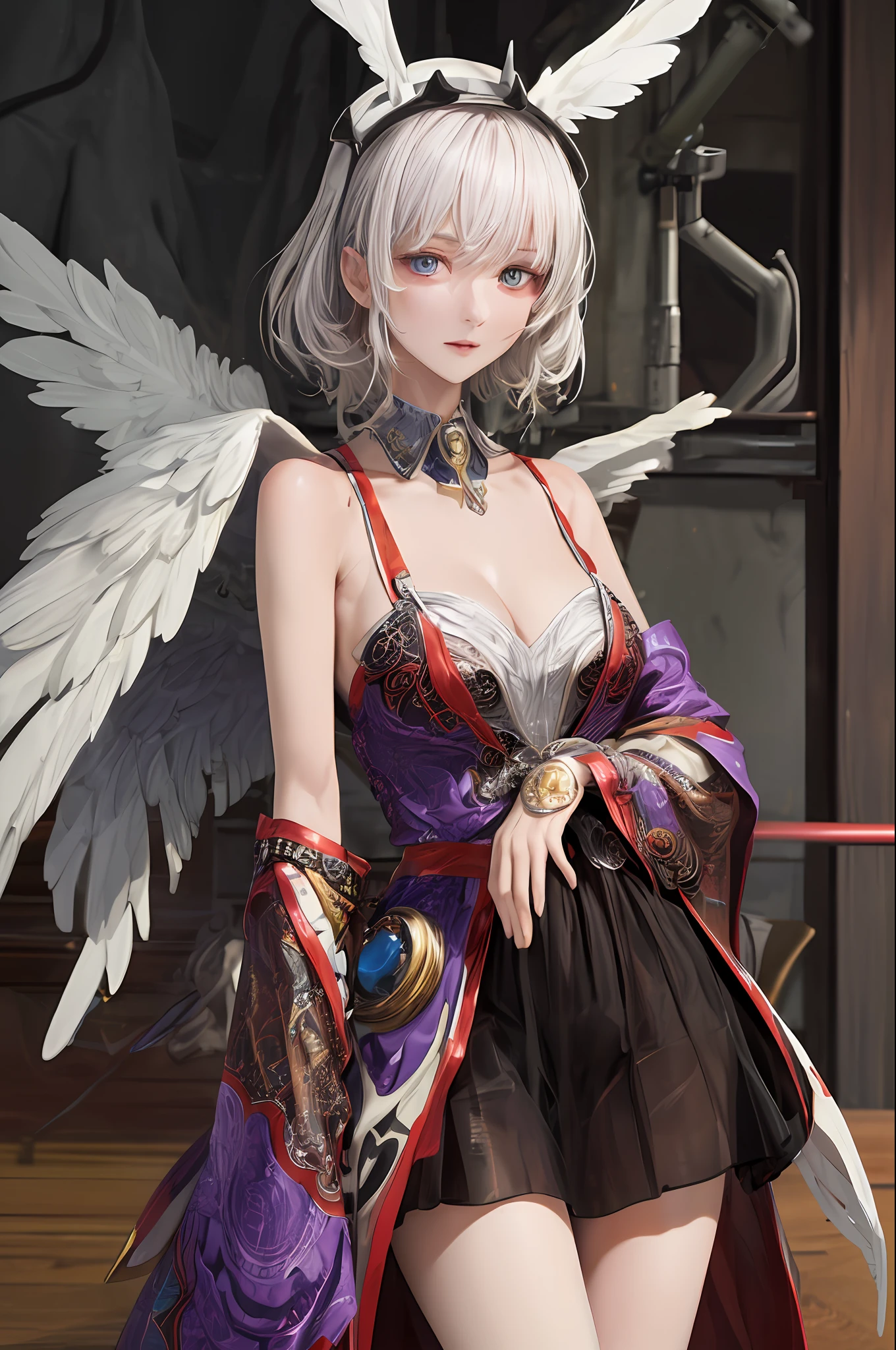 top-quality、masterpiece、超A high resolution、(Photorealsitic:1.4)、Raw photo、Mechanical Angel、large wings made of metal、White porcelain body、white hair、glowy skin、1 Mechanical Girl、((super realistic details))、portlate、globalillumination、Shadow、octan render、8K、ultrasharp、character edge light,Colossal tits、Raw skin is exposed in cleavage、Details of complex ornaments、Hydraulic cylinder、highly intricate detail、Realistic light、a purple eye、radiant eyes、Facing the camera、neon details、cowboy shot、Futuristic headgear、Sumerian details、Small LED lamp、