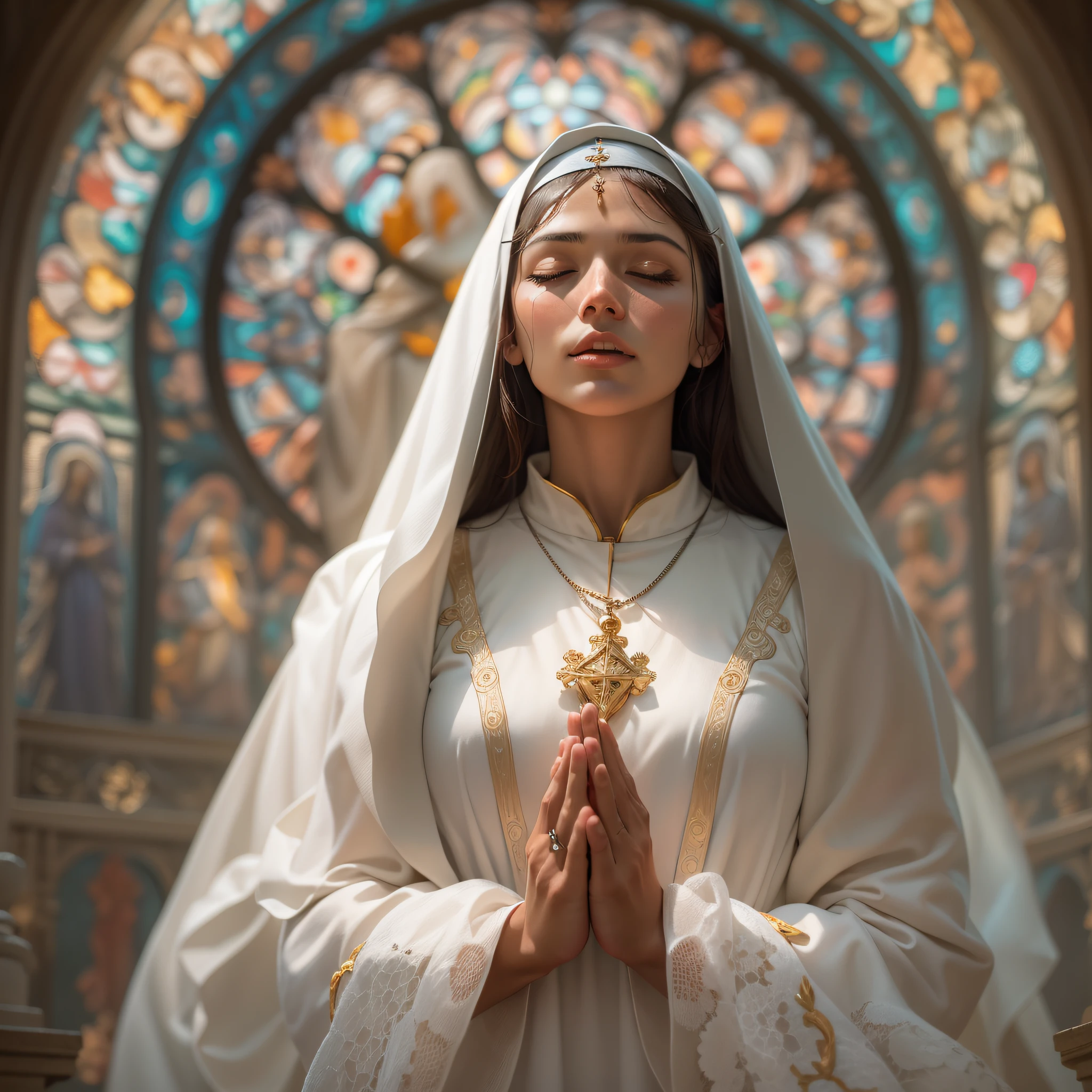 Enter a quiet and reverent scene as a woman gracefully dresses like a nun in a white habit, adorned with delicate religious symbols and accessories. It is within the solemn ambience of a beautiful church, surrounded by ornate stained glass windows that cast ethereal colors over the serene atmosphere. Os suaves raios de sol filtram-se suavemente, iluminando a cena com um brilho celestial. The woman exudes a sense of inner peace and devotion, with hands joined in prayer as she embraces the spiritual environment of the sacred space. The serenity and reverence in his expression inspires a sense of calm and contemplation, making it a powerful and deeply moving image of devotion and faith.