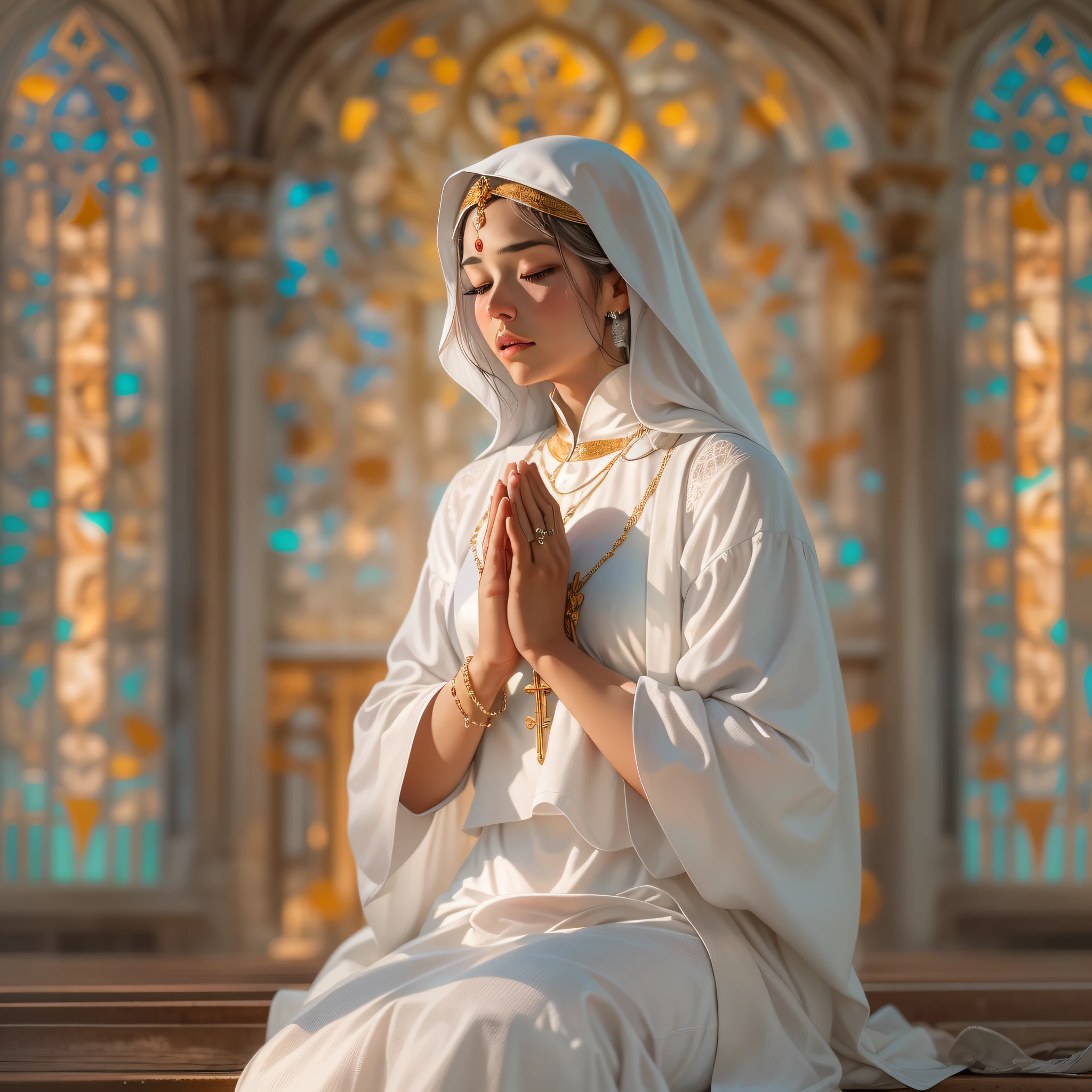 Enter a quiet and reverent scene as a woman gracefully dresses like a nun in a white habit, adorned with delicate religious symbols and accessories. It is within the solemn ambience of a beautiful church, surrounded by ornate stained glass windows that cast ethereal colors over the serene atmosphere. Os suaves raios de sol filtram-se suavemente, iluminando a cena com um brilho celestial. The woman exudes a sense of inner peace and devotion, with hands joined in prayer as she embraces the spiritual environment of the sacred space. The serenity and reverence in his expression inspires a sense of calm and contemplation, making it a powerful and deeply moving image of devotion and faith.