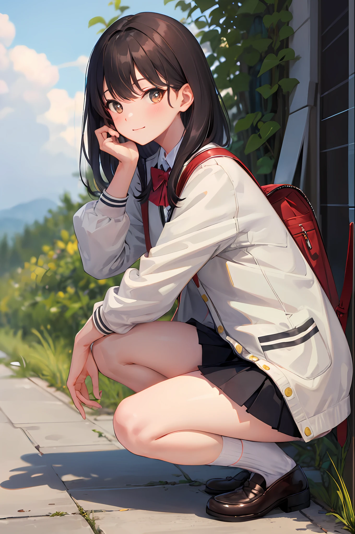 masterpiece, best quality, 1girl, solo, skirt, bag, outdoors, jacket, squatting, socks, shoes, looking at viewer, brown footwear, school uniform, plaid, loafers, blazer, brown hair, plaid skirt, black socks, long sleeves, bangs, open clothes, open jacket, bow, brown eyes, pleated skirt, bowtie, day, long hair, full body, bush, red bow, kneehighs, shirt, closed mouth, sleeves past wrists, backpack, hand on own face, red bowtie, black jacket, school bag, blush, plant, brown skirt, hand on own cheek, blurry, from side, hand up, looking to the side, collared shirt, miniskirt, white shirt, cardigan, grass, sweater, light smile