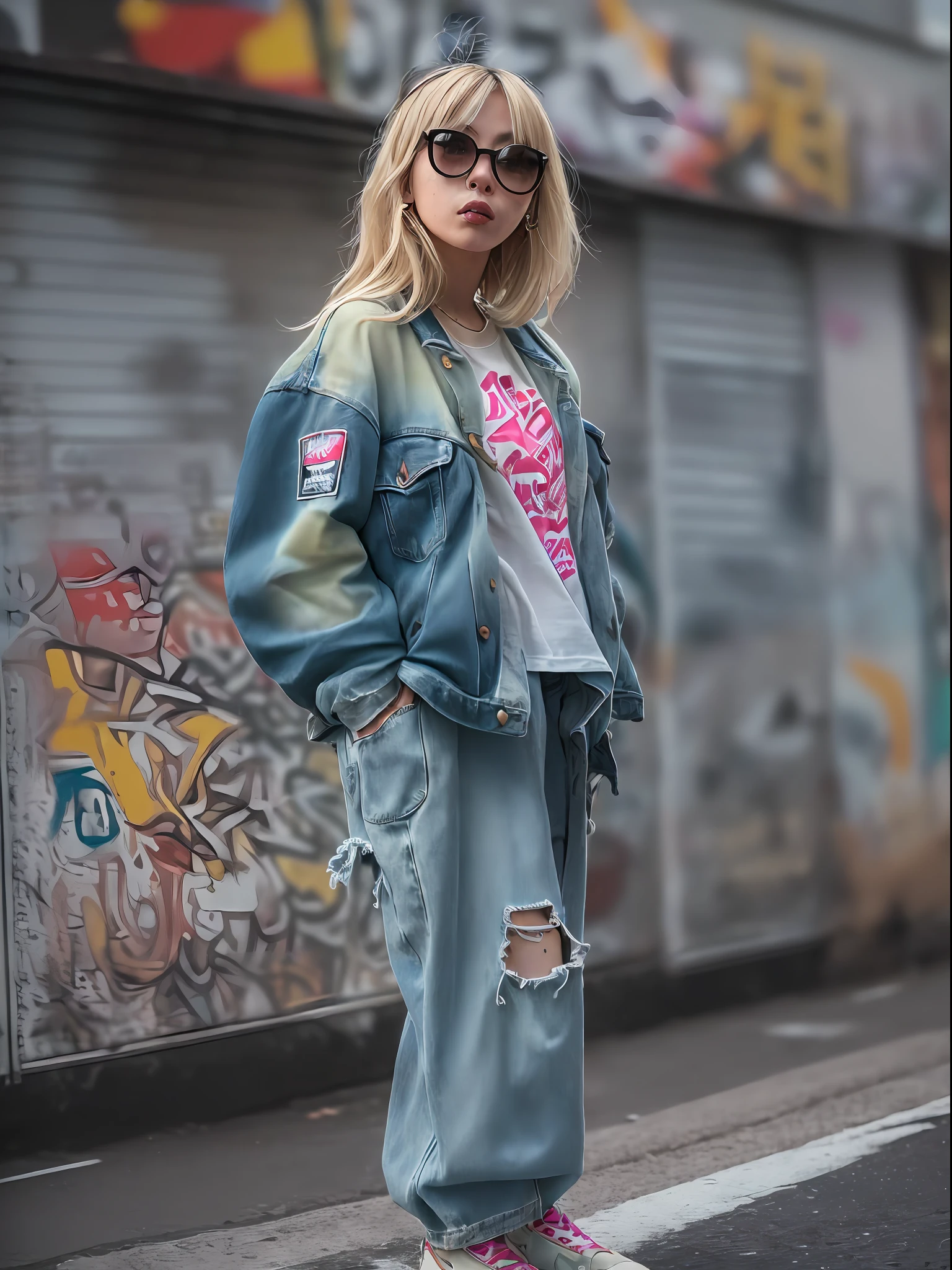 (masterpiece, street snap style:1.3), a captivating street snap photograph featuring a stylish Japanese woman in the bustling streets of Tokyo, (effortlessly chic streetwear:1.2), (a blend of urban fashion and cultural expression:1.1), (the woman exuding confidence and individuality:1.2), (her attire reflecting Tokyo's vibrant street style:1.1), (a oversized graphic t-shirt paired with ripped jeans:1.2), (comfy sneakers and trendy accessories:1.1), (lens used: prime 35mm:1.2), (camera model: Mirrorless Sony Alpha a6400:1.1), (meticulously crafted lighting capturing the vibrant city atmosphere:1.2), (natural light casting flattering shadows:1.1), (the urban backdrop enhancing her street chic look:1.2), (city walls adorned with graffiti art:1.1), (crowds bustling around in the background:1.2), (a medium-distance shot showcasing her style:1.1), (a snapshot of Tokyo's eclectic fashion scene:1.2), (inviting viewers to admire the unique streetwear trends:1.1), (a photo that captures the essence of urban culture and self-expression:1.2), (celebrating the allure of street fashion in Tokyo:1.1), (an embodiment of modernity and cultural diversity:1.2), (an inspiring and fashionable street snap moment:1.1), (the vibrancy and energy of Tokyo's streets encapsulated in a single shot:1.2), (a fusion of style and authenticity:1.1)