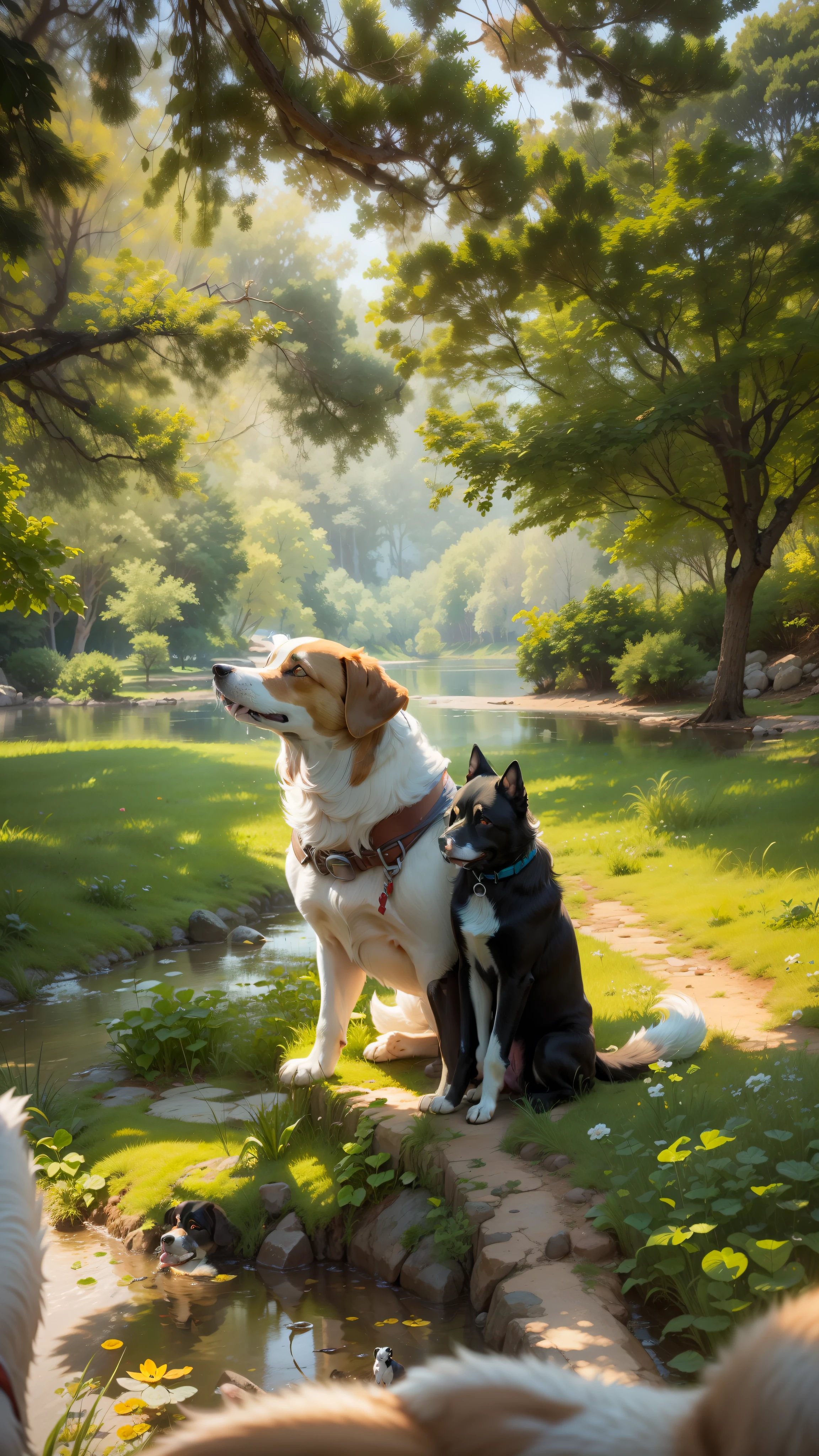 Medium-sized dog, cor preto e peito branco. Tender and gentle look puts a lake at the foot of my dog