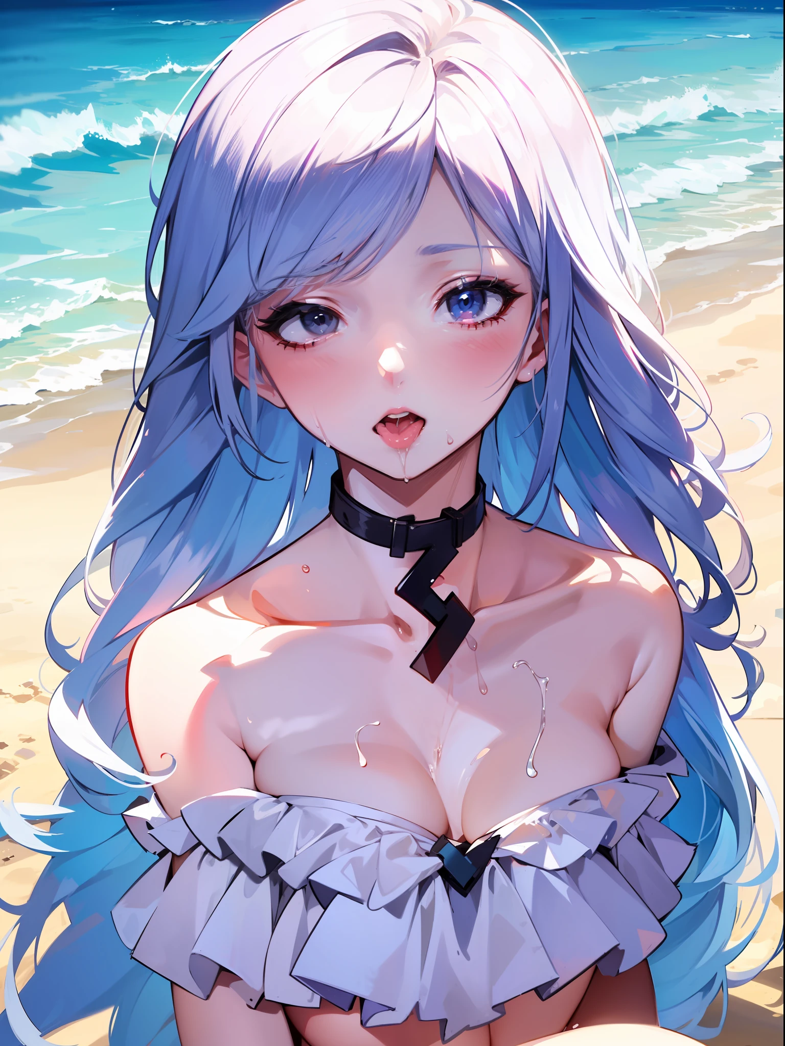 a girl with a hot body in a sexy bikini with silver hair inspired by the sinestrea of ​​the arena of valor making ahegao face watery tongue and sweaty body on the beach