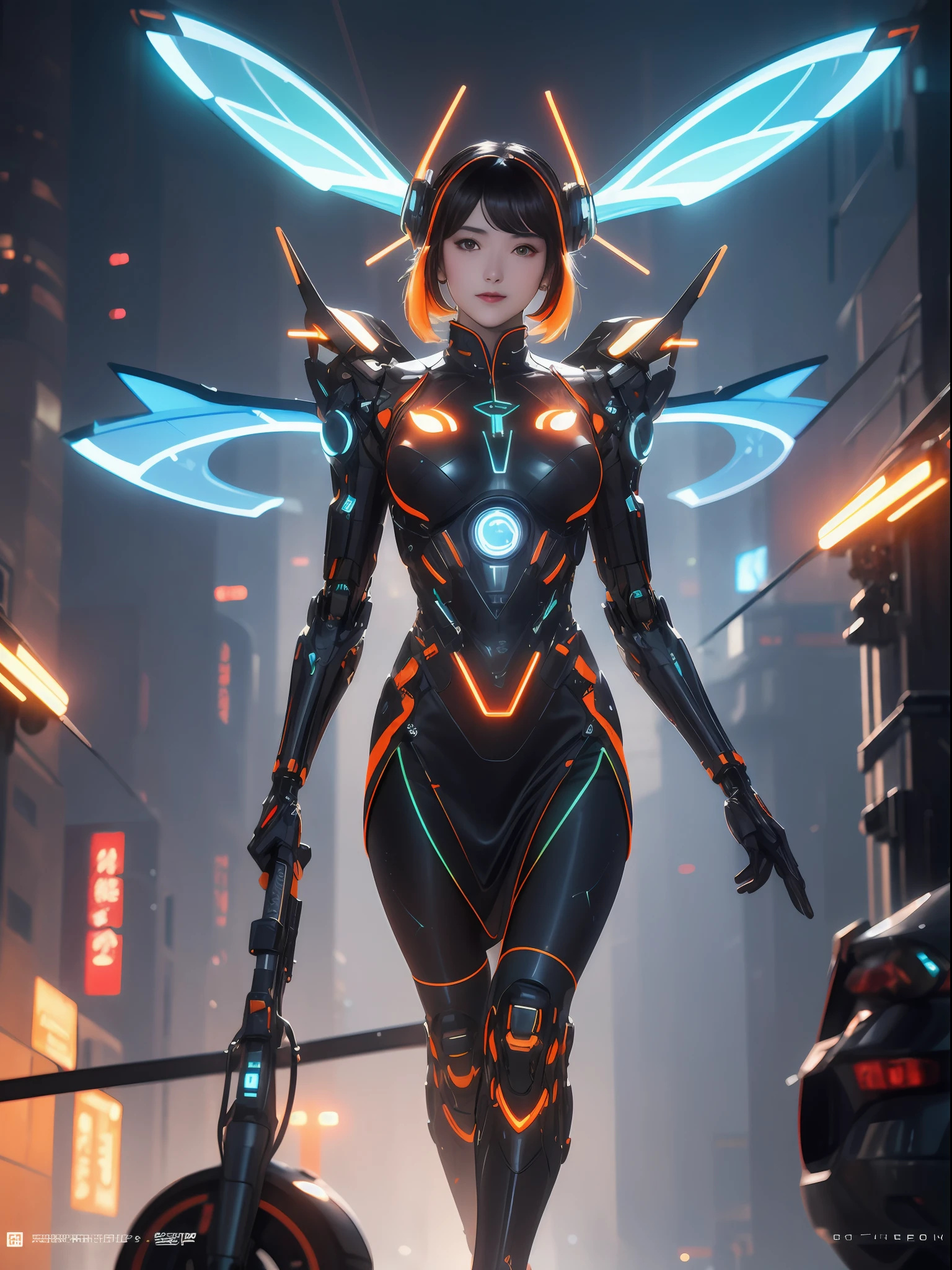 1 girl, Chinese_clothes, metallic black titanium and orange, cyberhan, cheongsam, cyberpunk city, dynamic pose, detailed luminous headphones, glowing hair accessories, long hair, luminous earrings, glowing necklace, cyberpunk, high-tech city, full of mechanical and futuristic elements, futurism, technology, glowing neon, orange, orange light, fluorescent orange, skirt, cape, coat, laser, digital background, urban sky, big moon, with vehicle, best quality, masterpiece, 8K, Character edge light, super high detail, high quality, the most beautiful woman in human beings, slight smile, face facing front and left and right symmetry, ear decoration, beautiful pupils, light effects, visual data, pick and dye orange, dye hair, super detail facial texture, happy and proud, weapon system, mecha style, crowded street passers-by, mechanical wings, super light and shadow