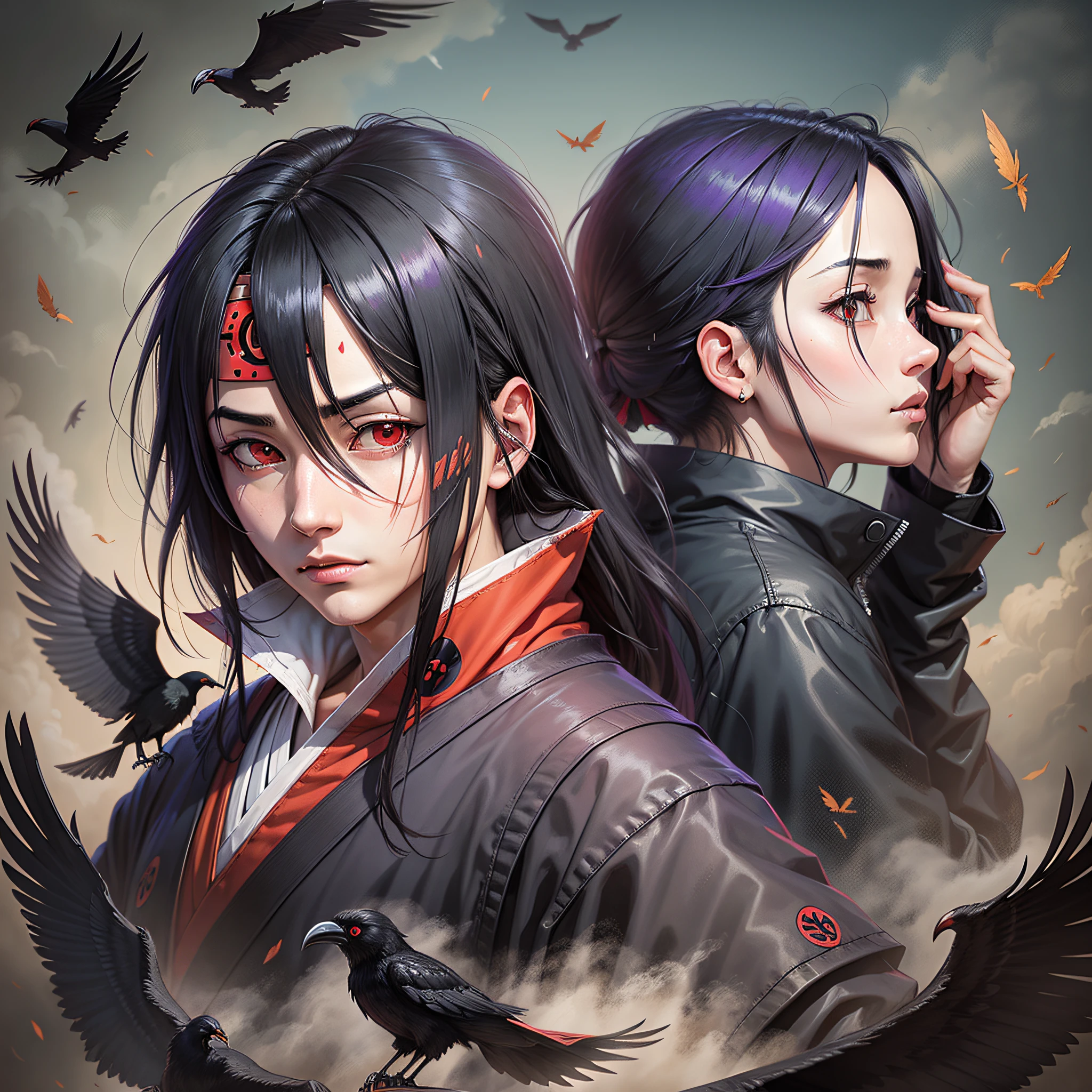 itachi, sharingan eyes, ravens flying around, horror