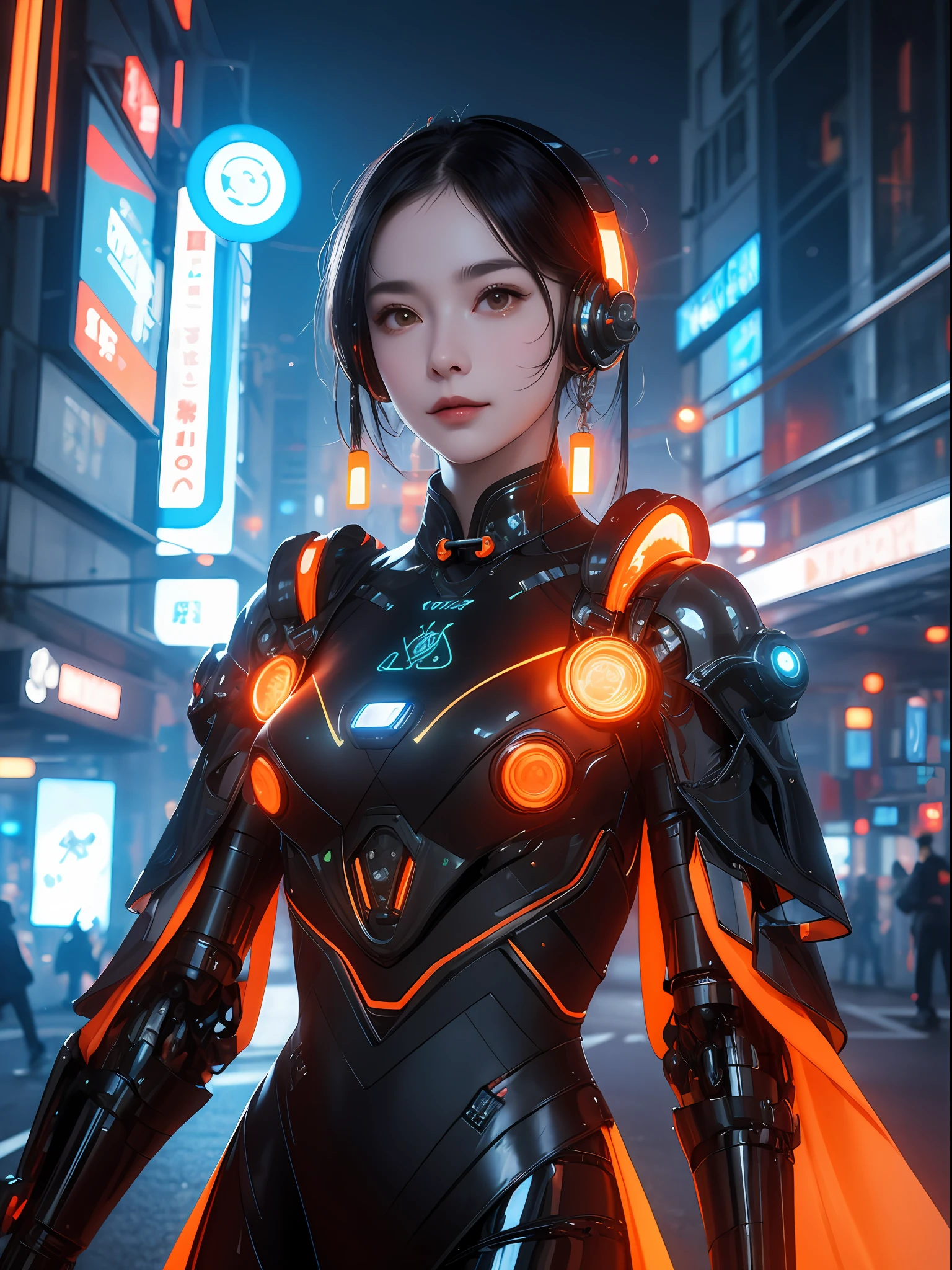 1 girl, Chinese_clothes, metallic black titanium and orange, cyberhan, cheongsam, cyberpunk city, dynamic pose, detailed luminous headphones, glowing hair accessories, long hair, luminous earrings, glowing necklace, cyberpunk, high-tech city, full of mechanical and futuristic elements, futurism, technology, glowing neon, orange, orange light, fluorescent orange, skirt, cape, coat, laser, digital background, urban sky, big moon, with vehicle, best quality, masterpiece, 8K, Character edge light, super high detail, high quality, the most beautiful woman in human beings, slight smile, face facing front and left and right symmetry, ear decoration, beautiful pupils, light effects, visual data, pick and dye orange, dye hair, super detail facial texture, happy and proud, weapon system, mecha style, crowded street passers-by, mechanical wings, super light and shadow