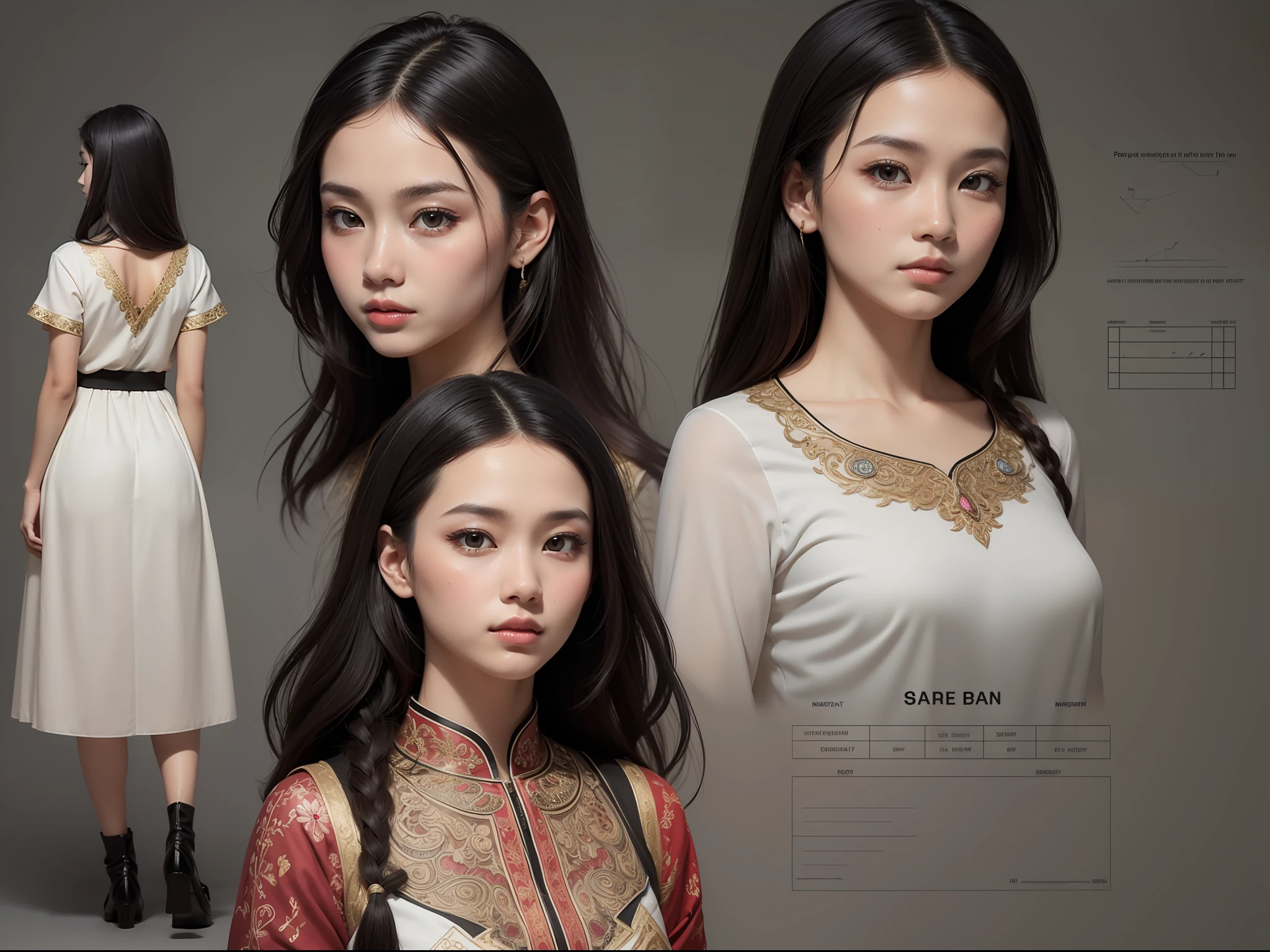 (masterpiece), ultra-detailed, 3 views, front view, side view , back view, different hairs design, ((A character sheet:1.4)) or reference sketch of a girl, with Burmese traditional dress, long hair, black hair, glowing skin, pure look, ultra-realistic and sharp detail and intricate, intricate details, and style, simple background illustration
