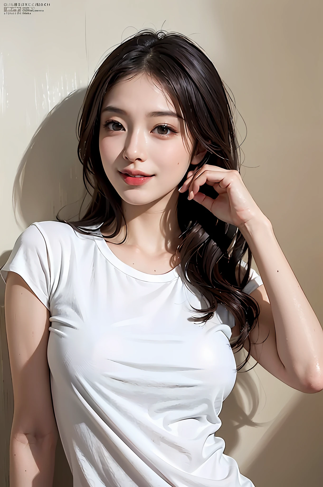 nsfw,(A hyper-realistic), (illustratio), (hight resolution), (8K), (ighly detailed), (The best illustrations), (beatiful detailed eyes), (top-quality), (ultra-detailliert), (masterpiece), (wall-paper), (详细的脸), natta、Upper body close-up,armpit, a smile,Plump,独奏,Girl in simple white t-shirt, Sweaty, japanes, large full breasts, (camel's toe)