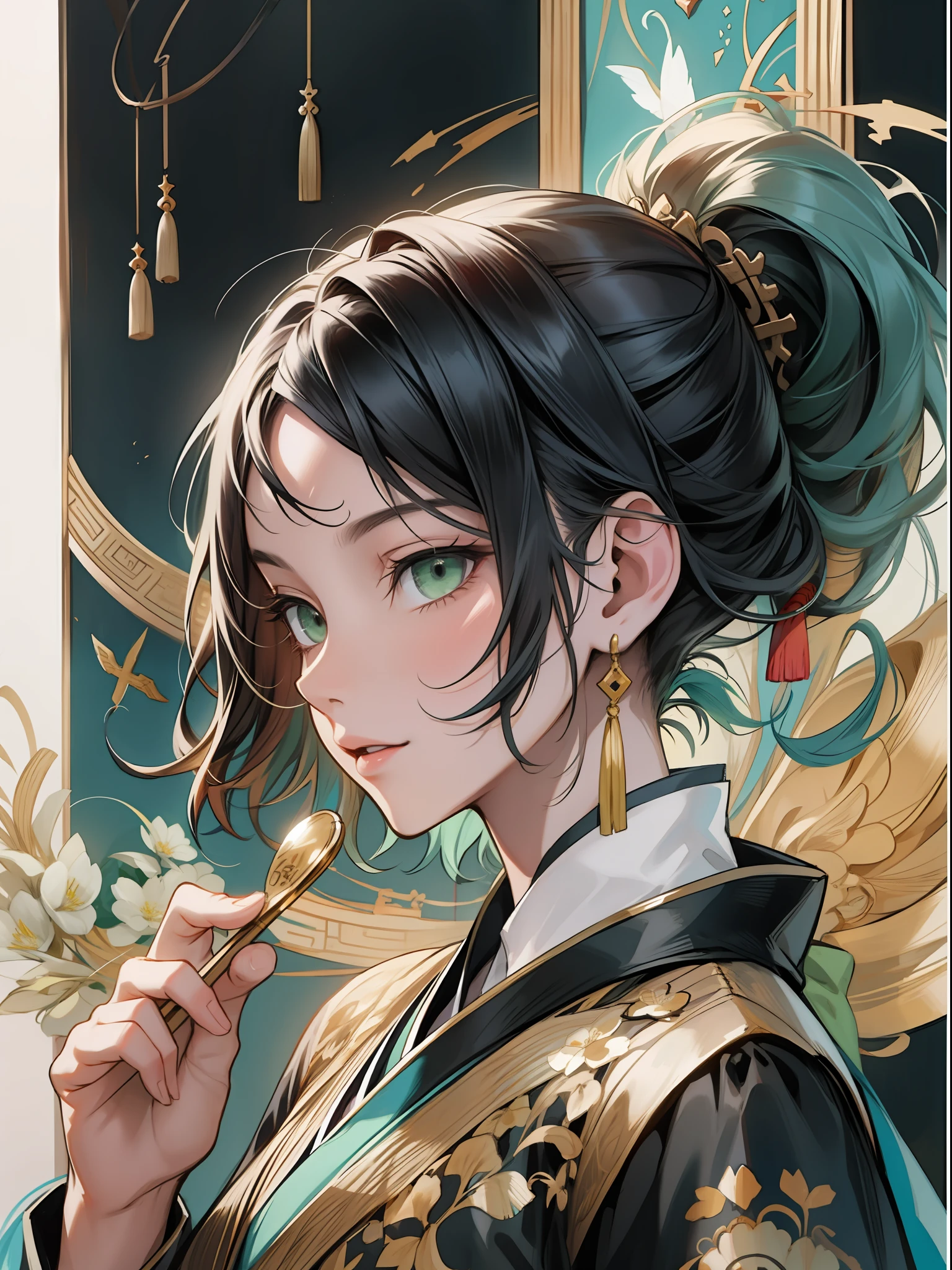 Foco feminino, menina de cabelos negros (cabelo preto: 1.3) Grandes corridas, olhos negros, olhos pretos, ela tem olhos pretas, Usando um hanfu de magia verde, sem estilo de @mudas de mel, An extremely important personage who received a divine revelation from the heavens, personagem no centro, estilo aquarela, arte tradicional chinesa, detalhes intricate, melhor arte