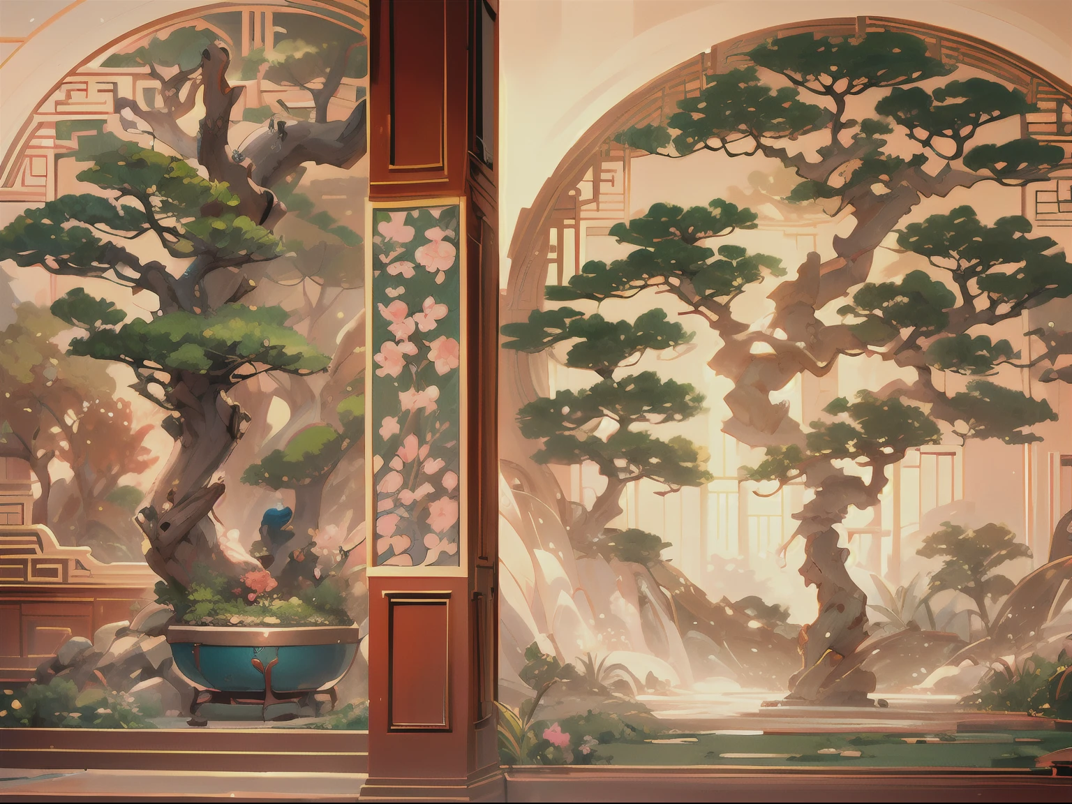 (antique interior design), Chinese home furnishings, round porch, depth, symmetrical design, ((antique carved door beams, carved beam paintings, tables and chairs, bonsai, vases, porcelain, trees, flowers, Chinese lamps, embroidery, screens, beds, cushions, red sand curtains)), exquisite home, rich details, ancient Chinese Ming dynasty style, quiet and elegant atmosphere, red tones as the keynote, exquisite and soft painting style, cinematic lighting effects, HD picture quality, soft light, Tyndall effect, dreamy, rich details, Reference Gu Kaizhi, 32k, high quality, high resolution, (very detailed CG unity 8k wallpaper)