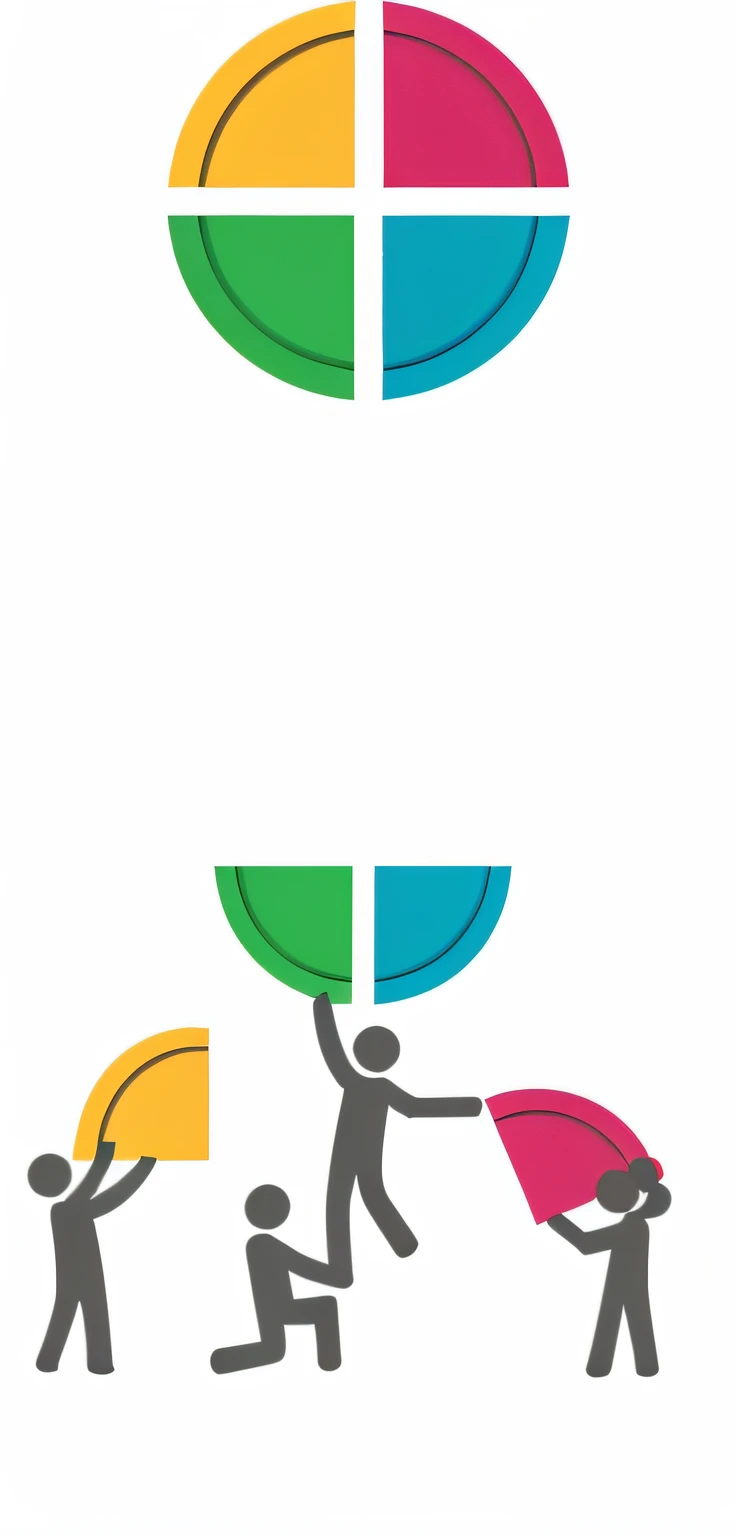 COME ON! The main idea is SYNERGY, the union of four professionals from different areas that come together synergistically to offer customized solutions for companies. No entanto, This image I send you is very simplistic and this pie chart is not very good. I would like a realistic character image with the four professionals in a position similar to the drawing I provided, that is: helping each other and collaborating with each other to assemble another piece that represents or has a sense of INNOVATION, do tipo aquela imagem do "foguete subindo", but not necessarily him. Can you give me other ideas. The background can be of buildings of a city, but it should be light in color, for I will also use the image you provide me as "watermark" como textos que colocarei depois sobre ela. The shape should be rectangular in the ratio of 30 wide by 21 high. Espero ter sido claro. Obrigado!