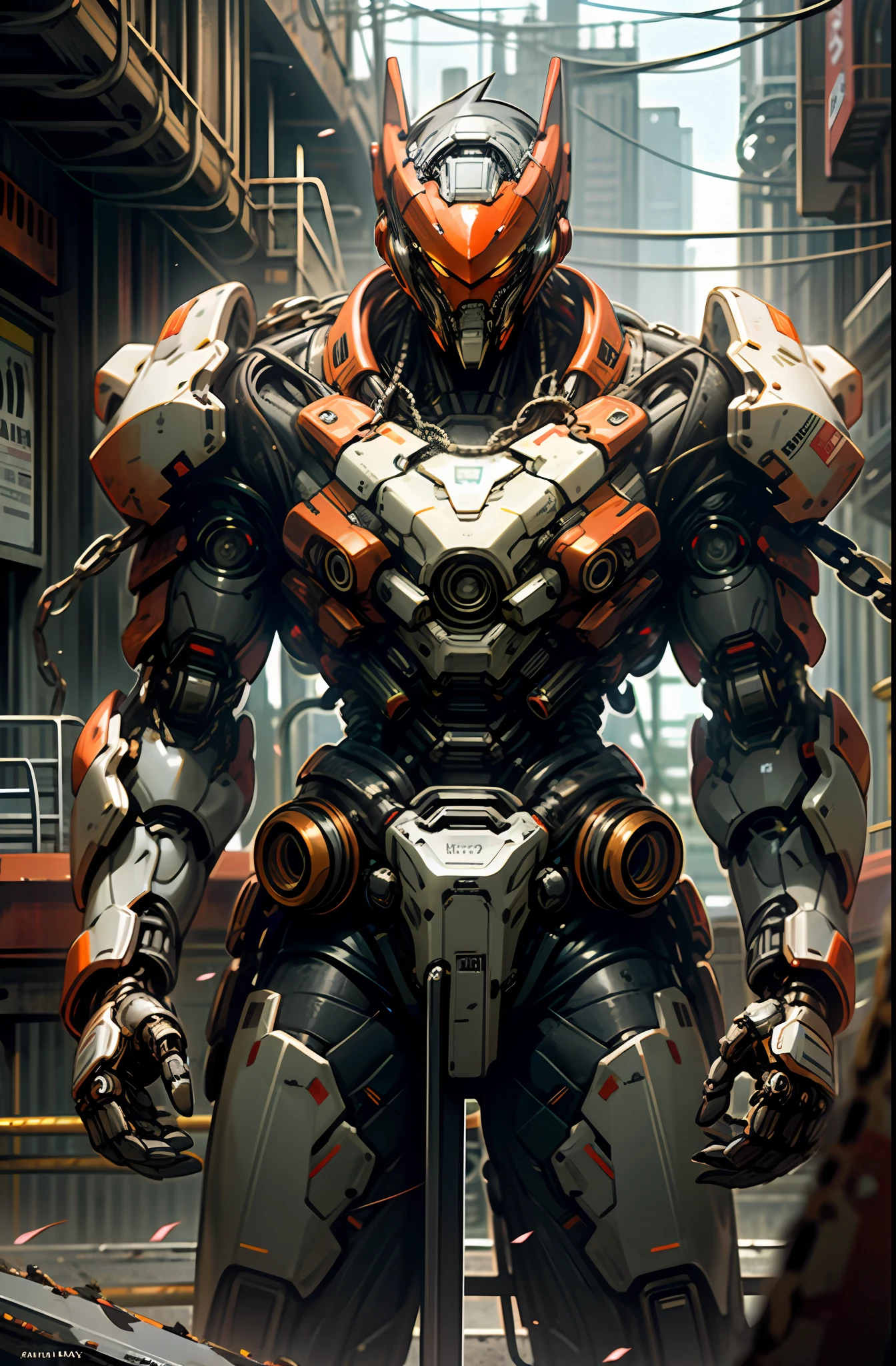 Dark_Fantasy,Cyberpunk,(chain saw,chain saw man,Red:1.1),1man,Mechanical marvel,Robotic presence,Cybernetic guardian, wearing a worn-out mech suit, intricate, (steel metal [rusty]), elegant, clear focus, shot by greg rutkowski, soft lighting, vibrant colors, masterpiece, ((street)), cowboy shot, dynamic pose,