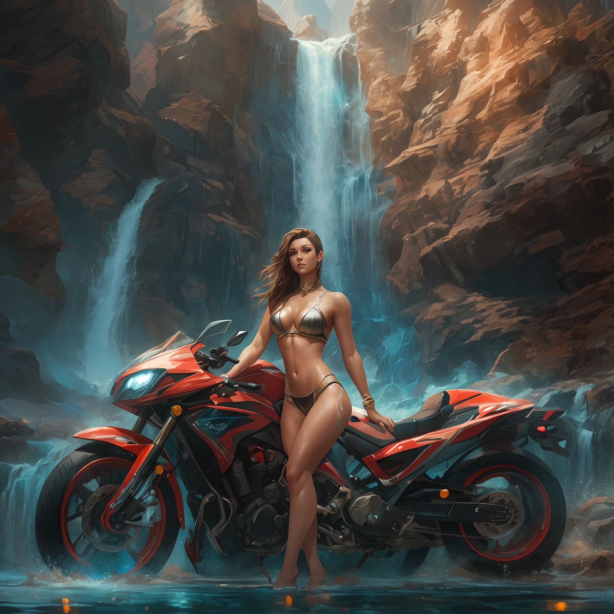 full body, (splash style))photo, 8k portrait of beautiful cyborg with brown hair, intricate, elegant, highly detailed, majestic, digital photography, art by artgerm and ruan jia and greg rutkowski surreal painting masterpiece, sidelighting, finely detailed beautiful eyes: 1.2), hdr, realistic, high definition Woman melting and blended with a race motorcycle. 35mm, F/2.8, 8K, Splash art, a perfect beautiful gorgeous young woman in tanga(( Lisa Boon style))with gorgeous  {{FULL-BODY}}, nice poses, looking at you, blending and melted in motorcycle. surrealistic, epic, colorful waterfall, ILLUMINATED BY SUNBEAMS, fantasy concept art, masterpiece 16K ultra high definition, UHD. --auto