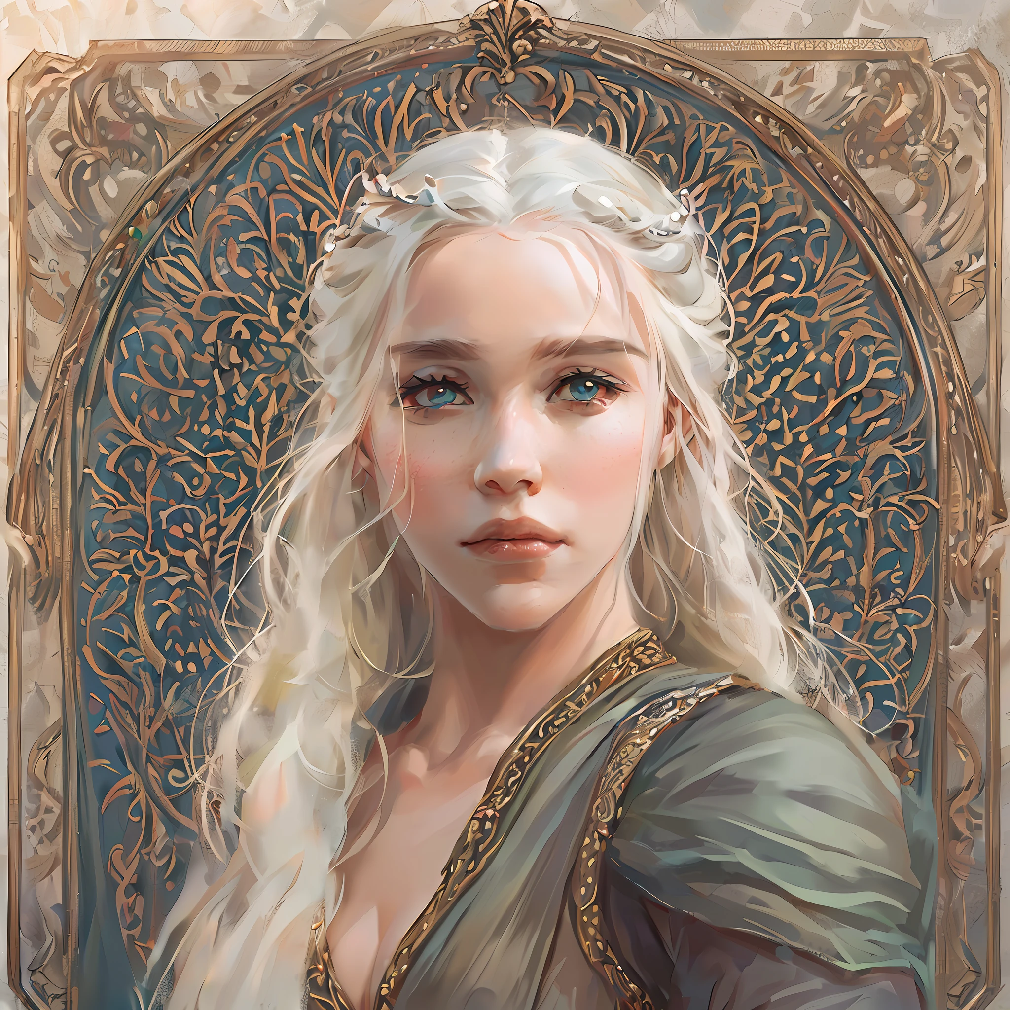 A young woman in her early s, Daenerys has the classical Valyrian look; She has violet eyes, pale skin, and long, pale silver-gold hair. Daenerys is slender in frame, with small breasts. she is said to resemble Queen Naerys Targaryen, though Daenerys is taller and stronger. Daenerys has been described as fair,[ and beautiful.